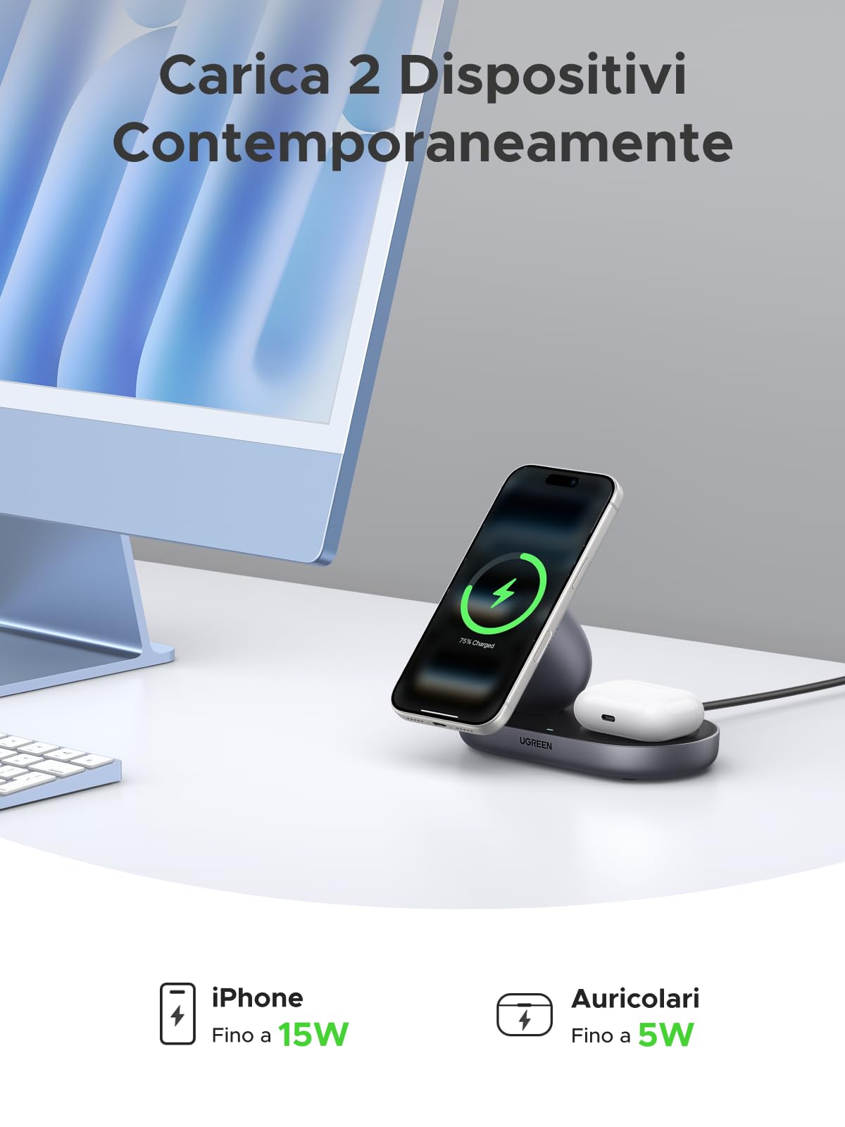 ugreen-zapix-2-in-1-caricatore-wireless-magnetico-qi2-15w-grigio-per-iphone-airp image 3