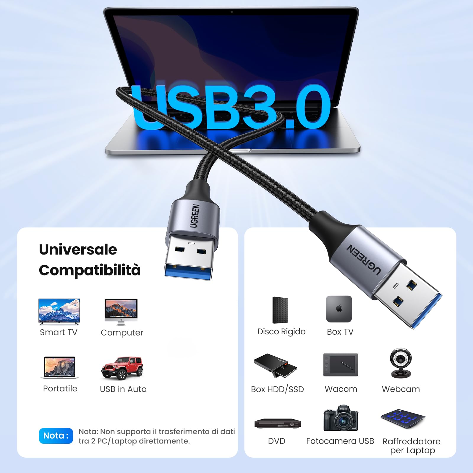 ugreen-cavo-usb-3-0-tipo-a-maschio-maschio-0-5m-5gbps-nylon-alluminio image 2