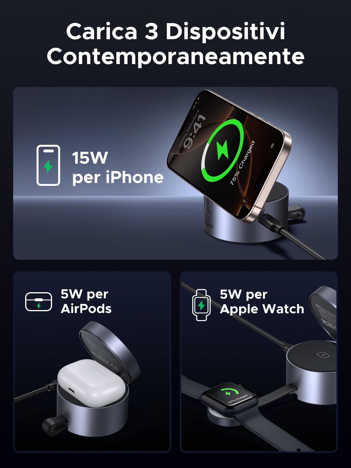 ugreen-magflow-3-in-1-caricatore-wireless-qi2-15w-con-caricatore-45w image 3