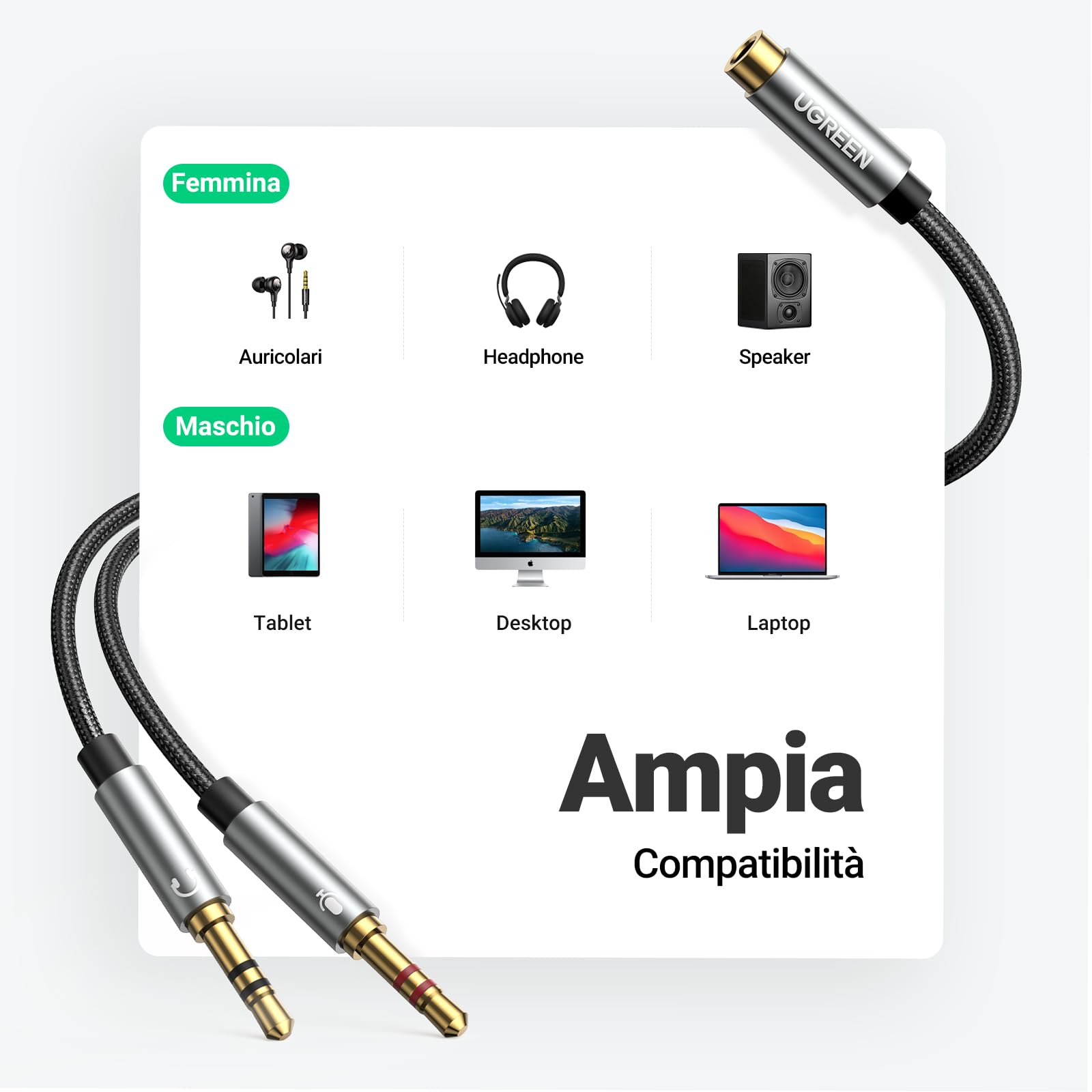 ugreen-sdoppiatore-audio-2-in-1-jack-3-5mm-cavo-adattatore-cuffie-microfono-20cm image 6