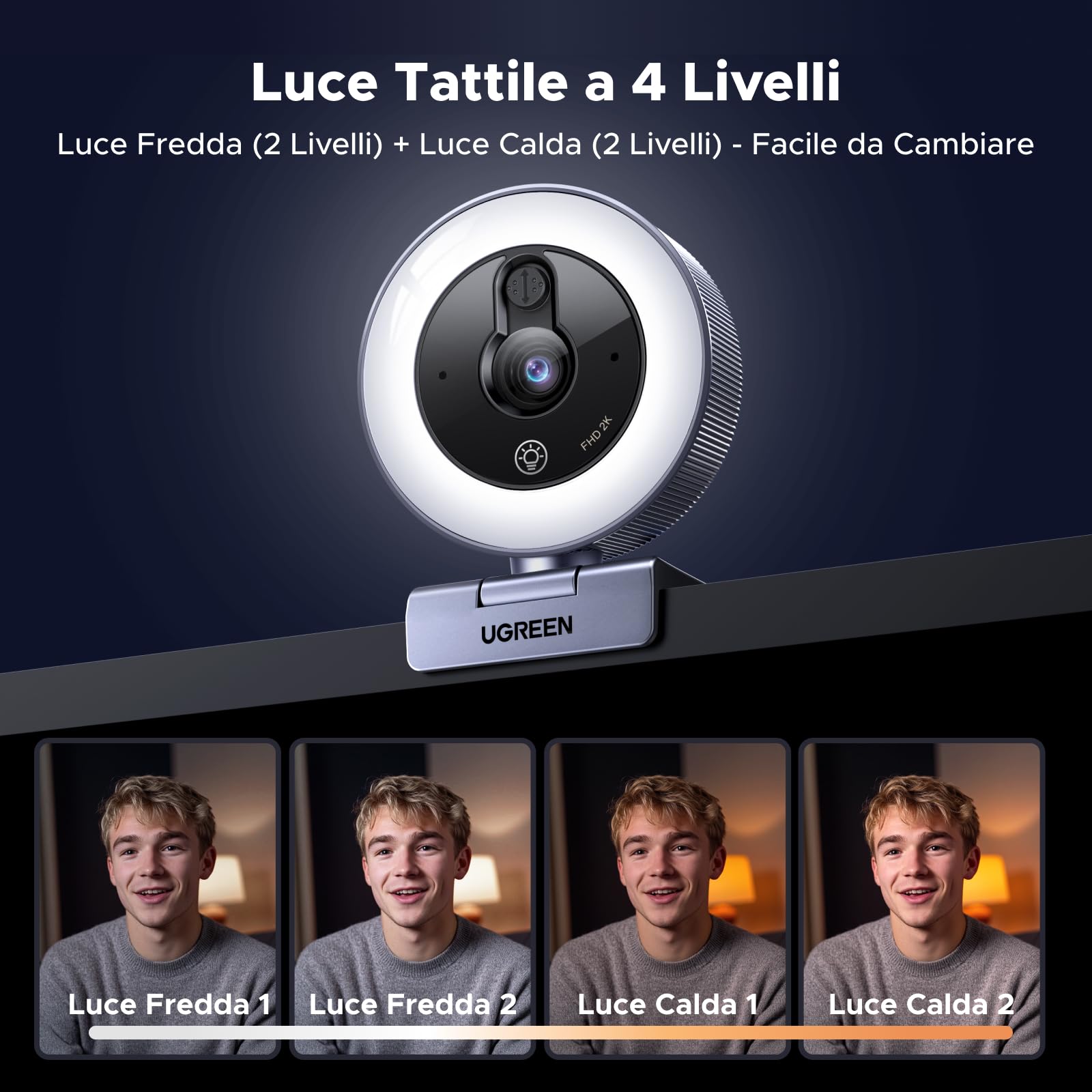 ugreen-webcam-2k-30fps-usb-a-usb-c-con-luce-led-e-doppio-microfono image 2