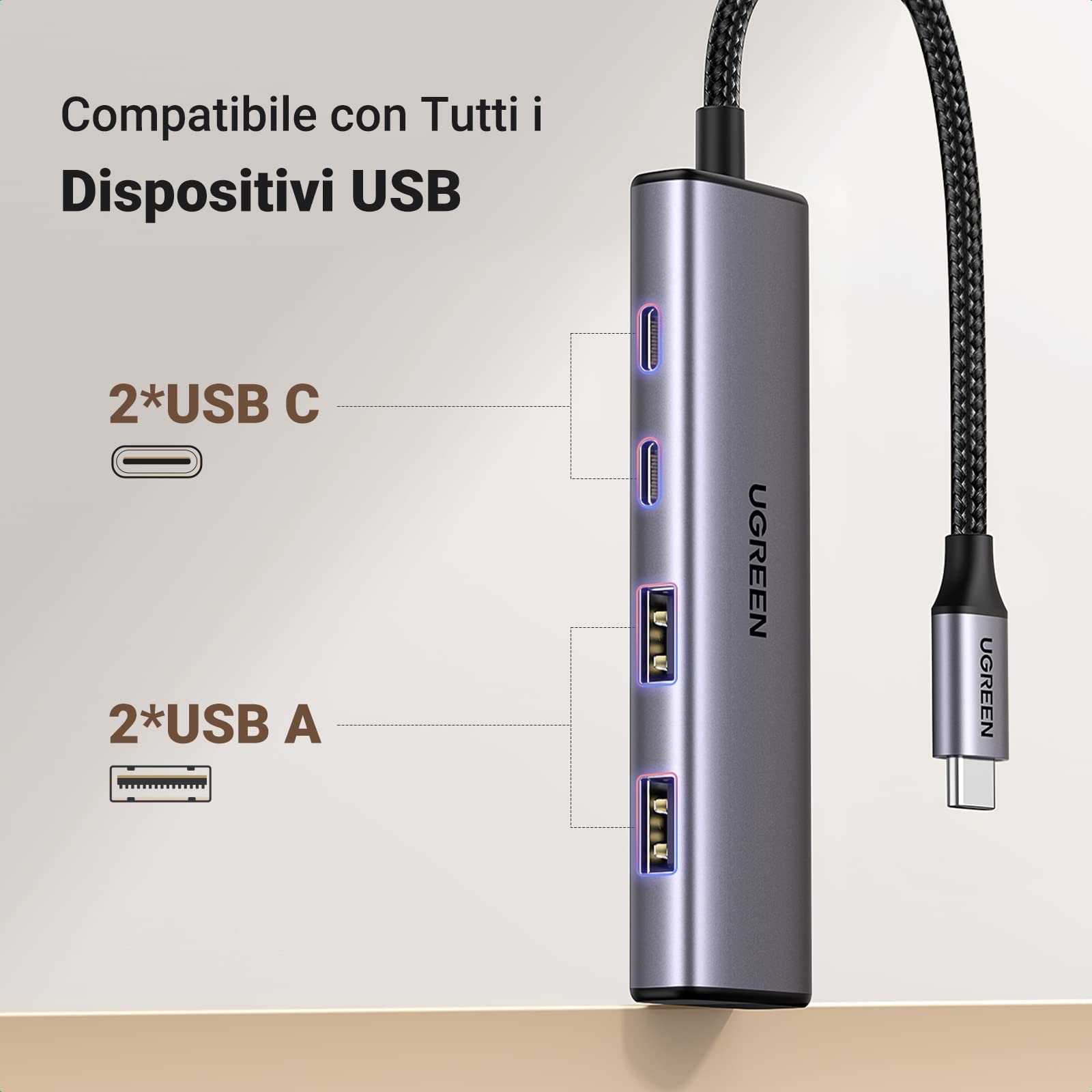 ugreen-hub-usb-c-a-4-porte-5-gbps-con-2x-usb-c-2x-usb-a-in-alluminio image 2