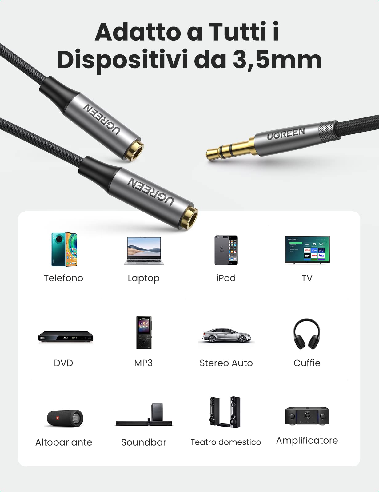 ugreen-sdoppiatore-cuffie-doppio-jack-3-5-mm-maschio-a-2-femmina-in-nylon-audio- image 5