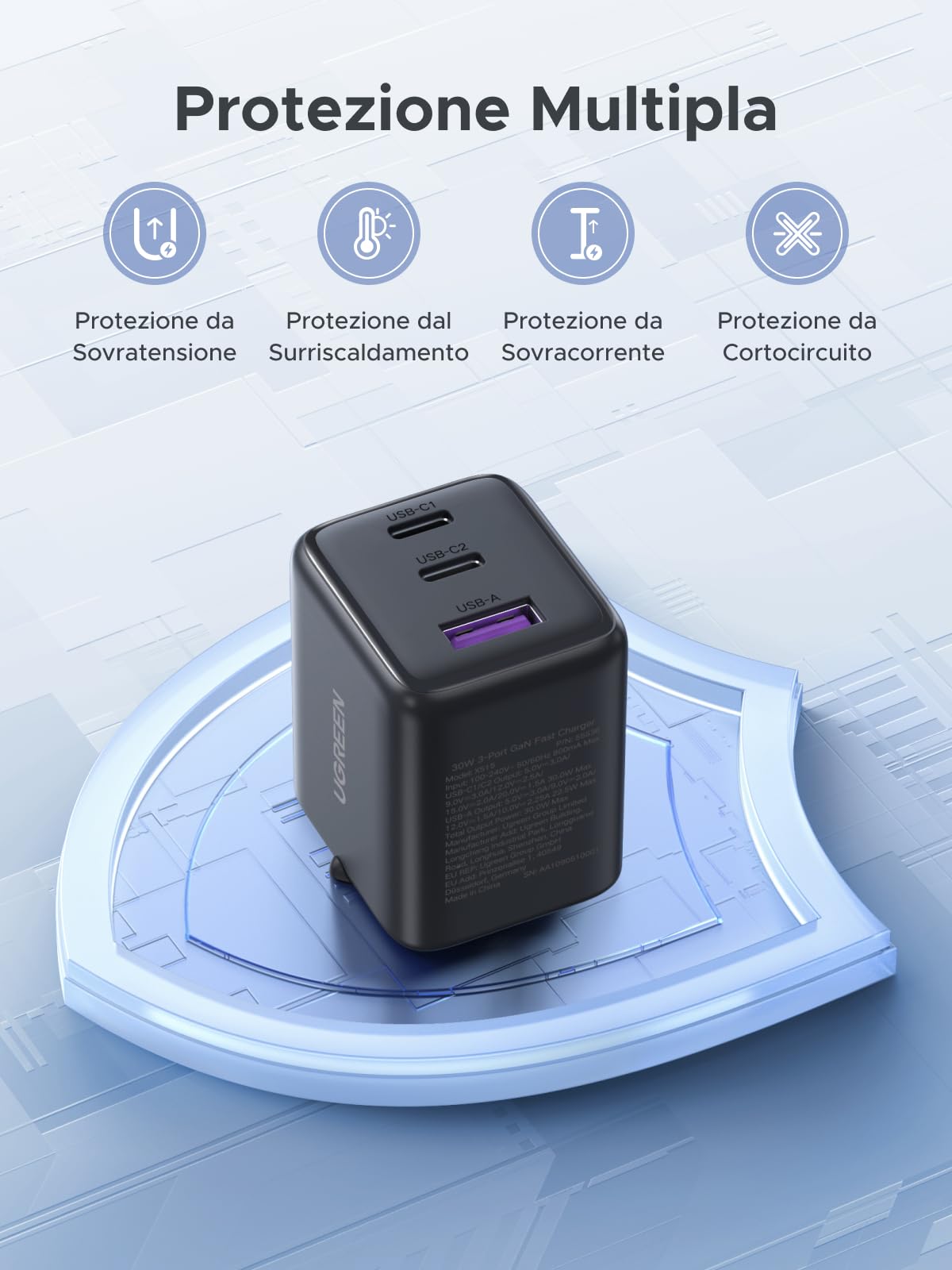 ugreen-zapix-caricatore-usb-c-30w-gan-a-3-porte-pd-nero image 6