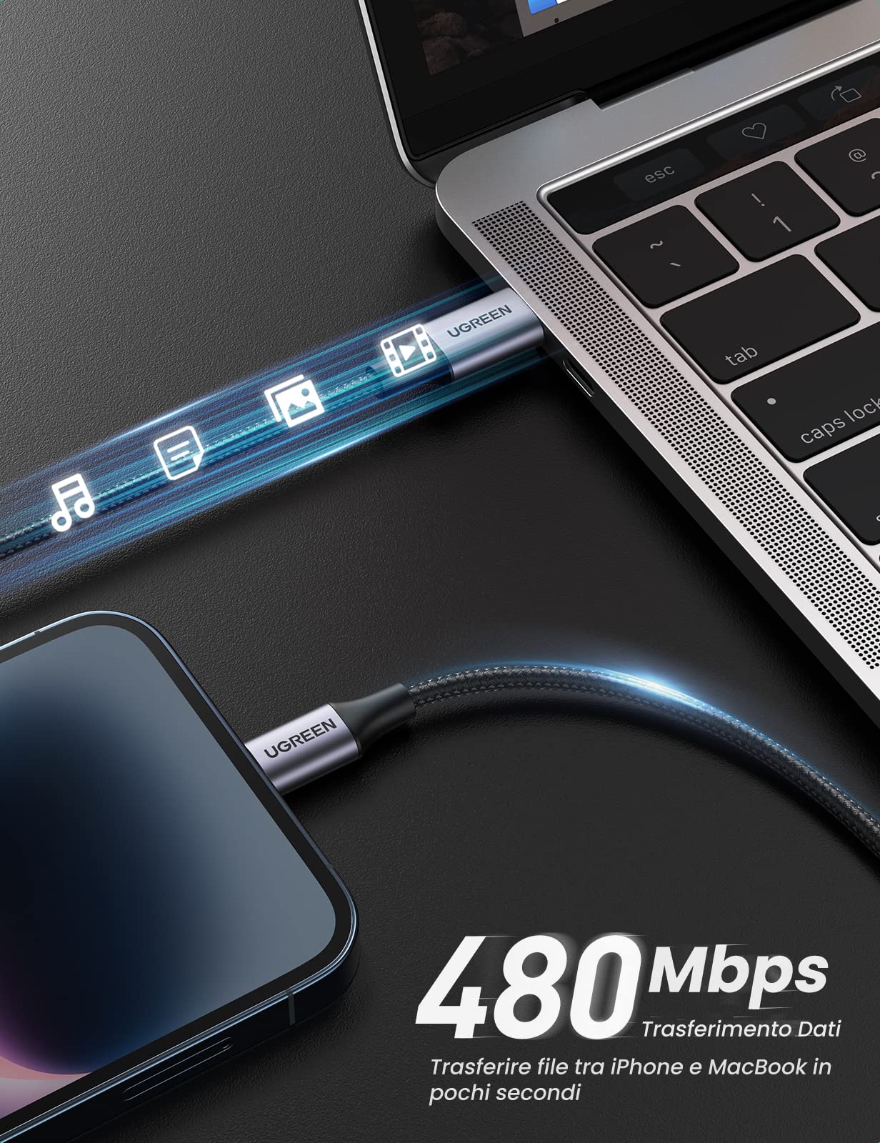 ugreen-cavo-usb-c-a-lightning-mfi-1m-nylon-ricarica-rapida-pd-18w image 4