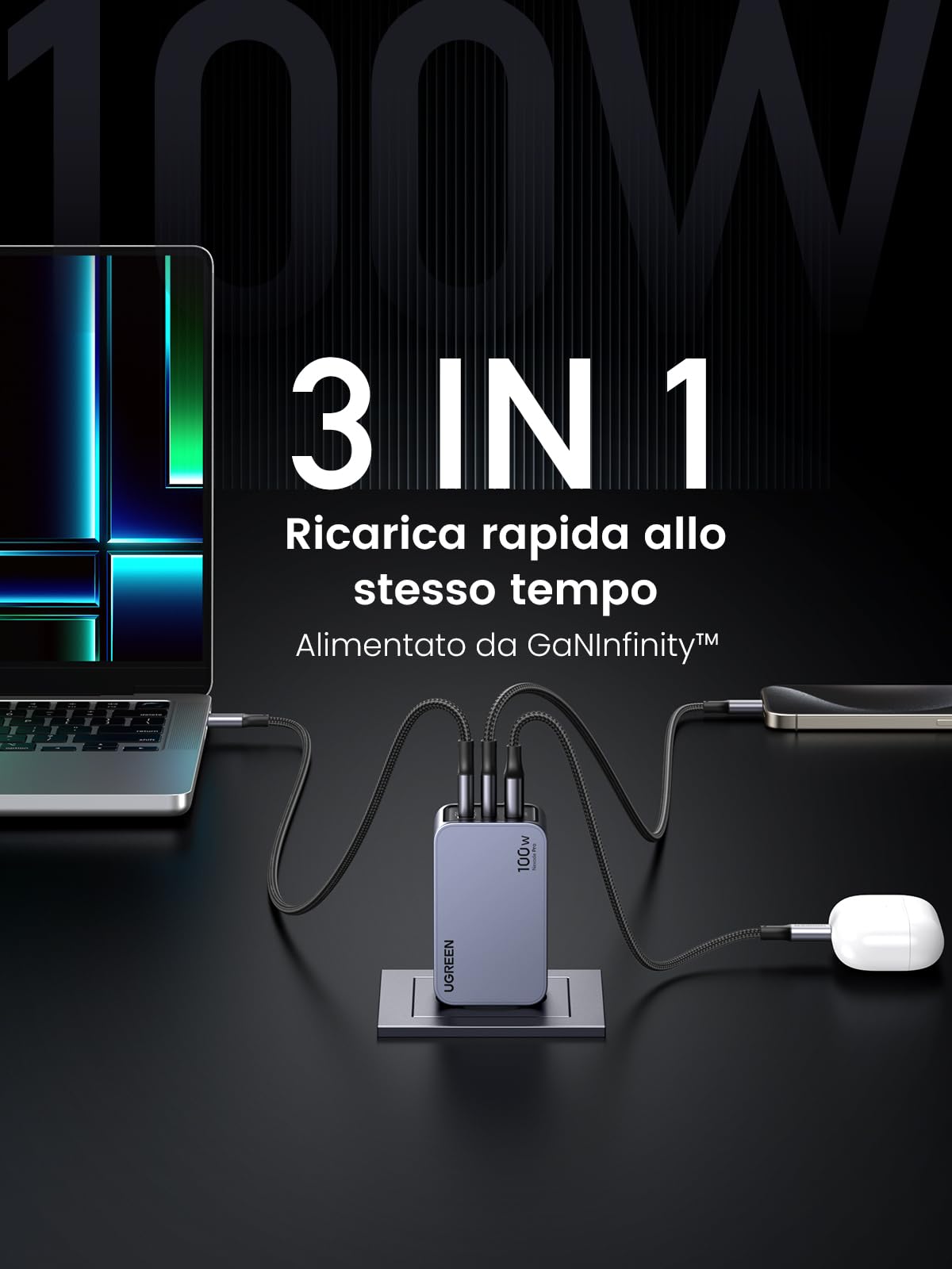 ugreen-nexode-pro-100w-caricatore-usb-c-gan-rapido-3-porte-pd-3-0-pps-45w image 3