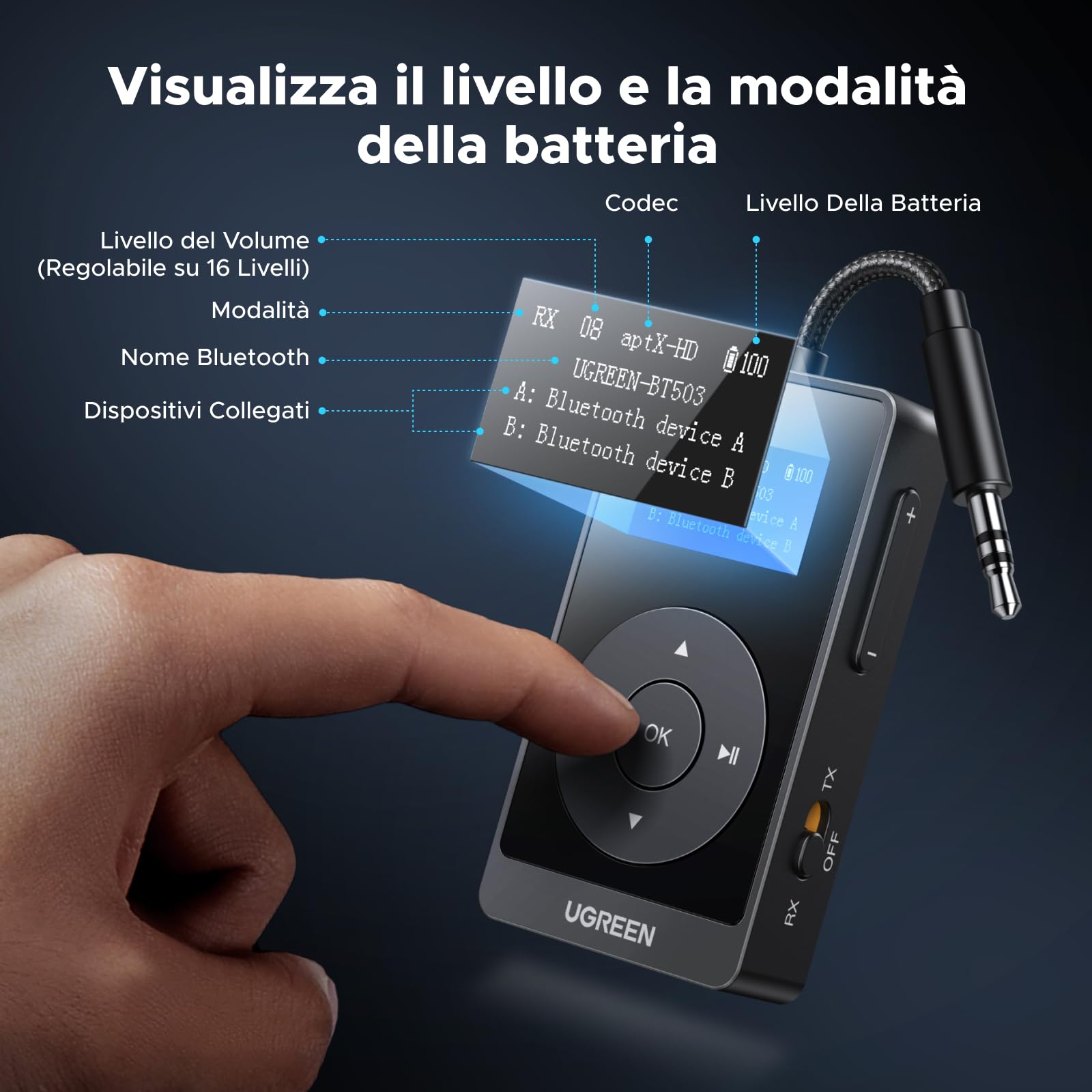 ugreen-trasmettitore-ricevitore-bluetooth-5-3-aptx-jack-3-5mm-lcd-32h image 5