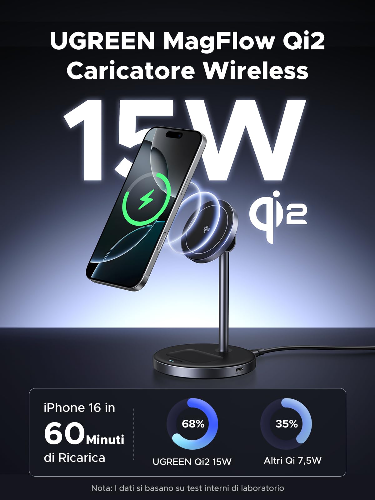 ugreen-magflow-qi2-15w-supporto-caricatore-wireless-magnetico-2-in-1-per-iphone- image 2
