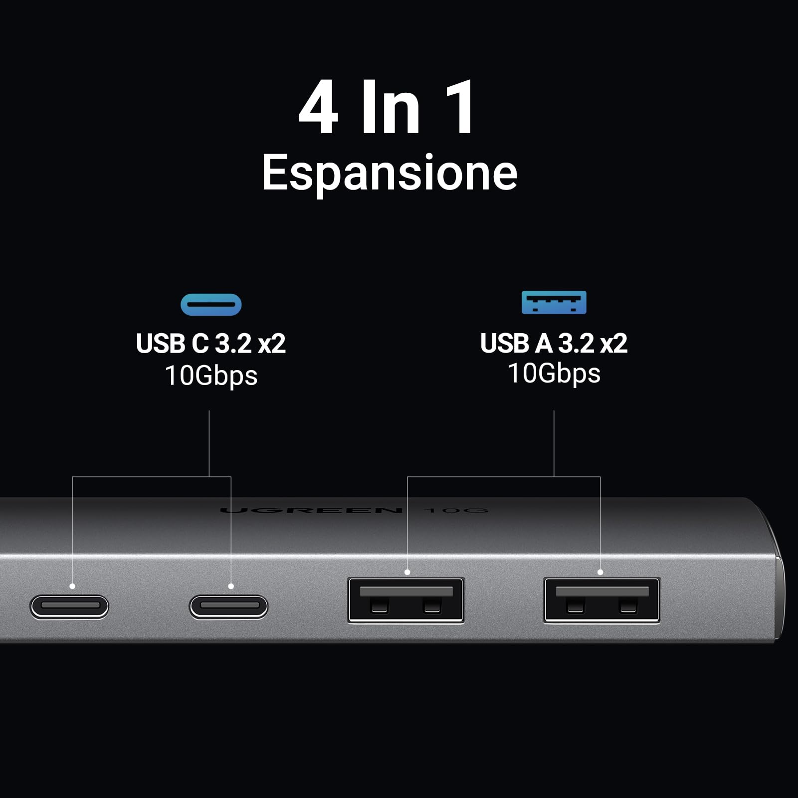 ugreen-hub-usb-c-10gbps-4-porte-alluminio-con-2x-usb-c-e-2x-usb-a-3-2 image 2