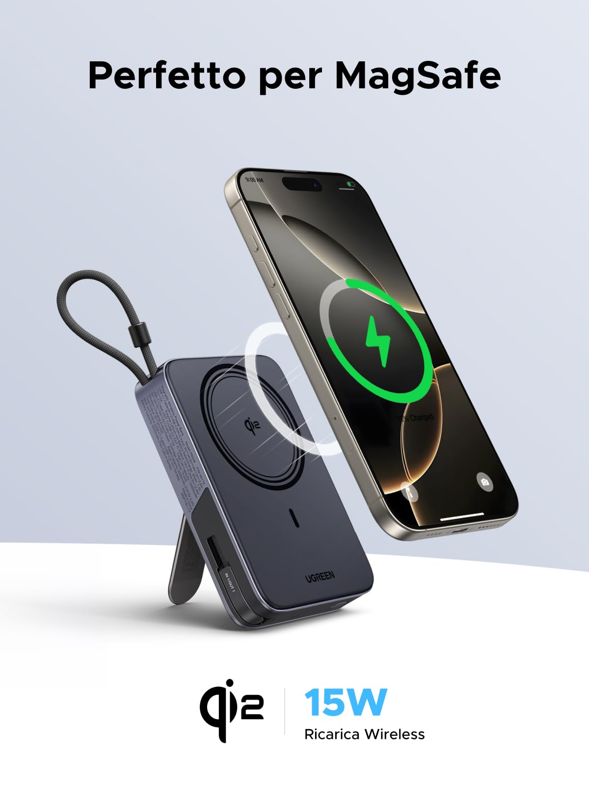 ugreen-zapix-qi2-15w-power-bank-magnetico-10000mah-pd-30w-con-supporto-pieghevol image 2
