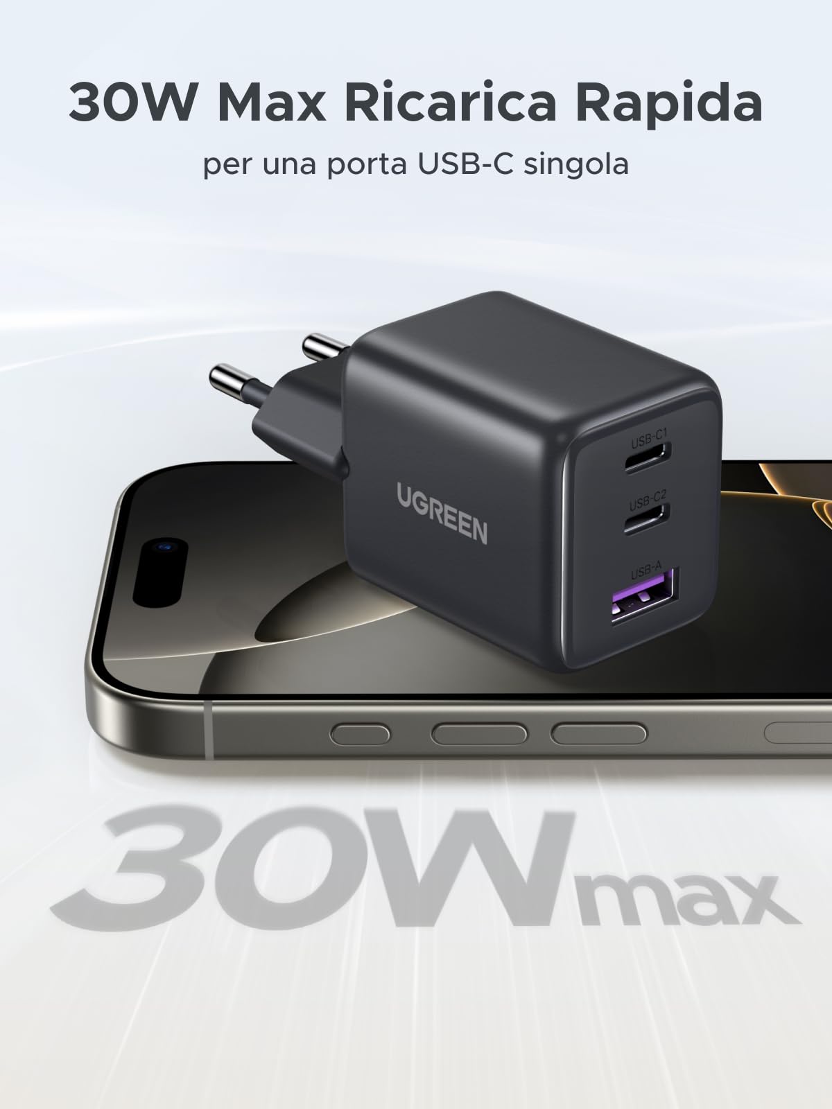 ugreen-zapix-caricatore-usb-c-30w-gan-a-3-porte-pd-nero image 3
