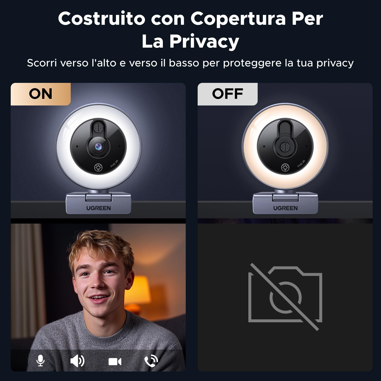 ugreen-webcam-2k-30fps-usb-a-usb-c-con-luce-led-e-doppio-microfono image 4