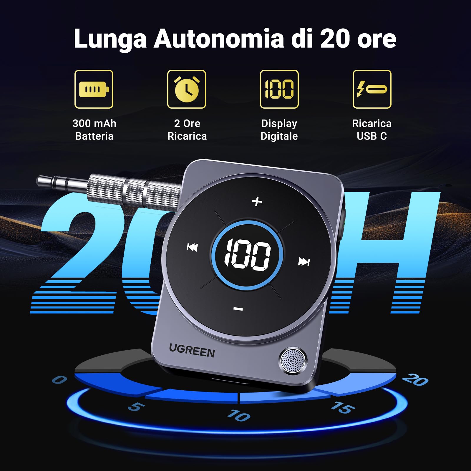 ugreen-ricevitore-bluetooth-5-4-jack-3-5mm-aux-per-auto-con-rgb-e-vivavoce-20-or image 3