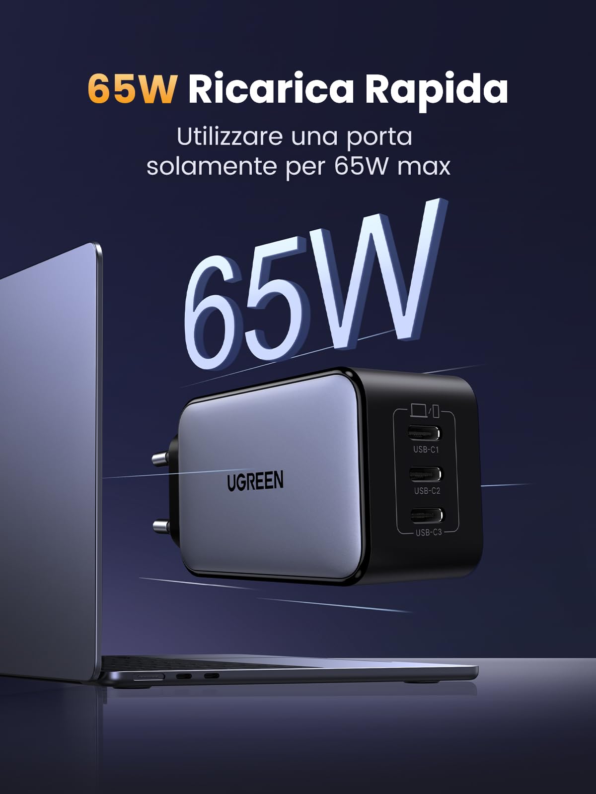 ugreen-nexode-65w-caricatore-usb-c-gan-3-porte-type-c-pd-3-0 image 2
