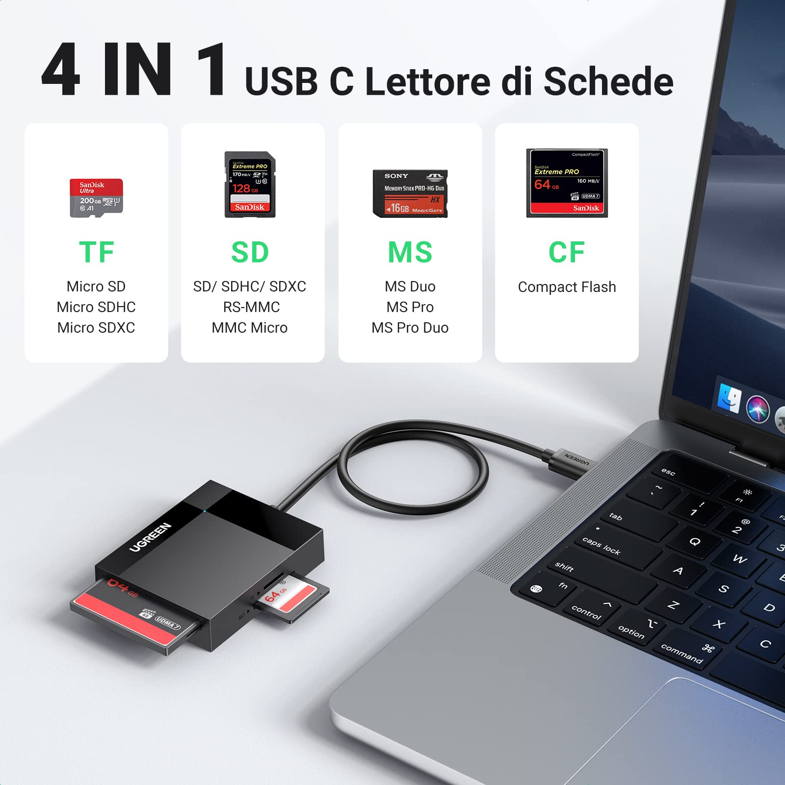 ugreen-lettore-schede-sd-tf-cf-ms-4-in-1-usb-c-104mb-s-fino-a-2tb image 2