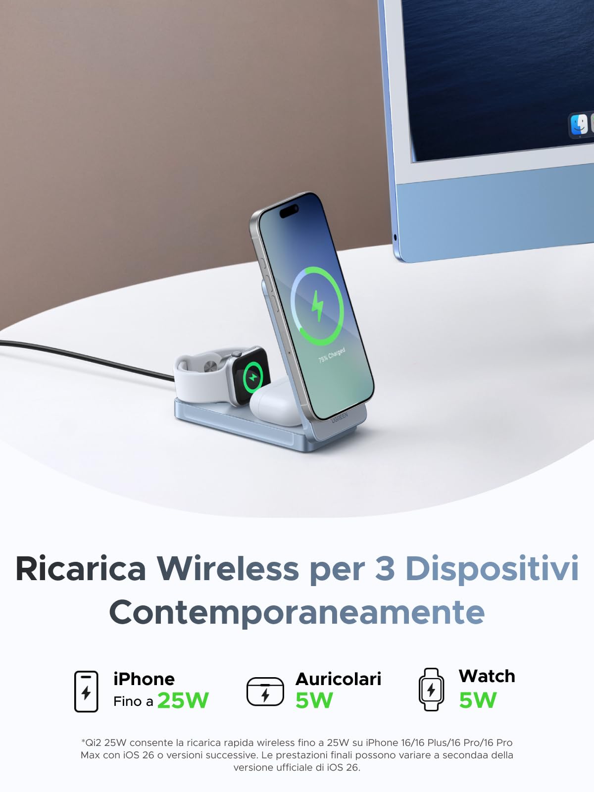 ugreen-magflow-stazione-ricarica-wireless-3in1-qi2-25w-pieghevole image 3