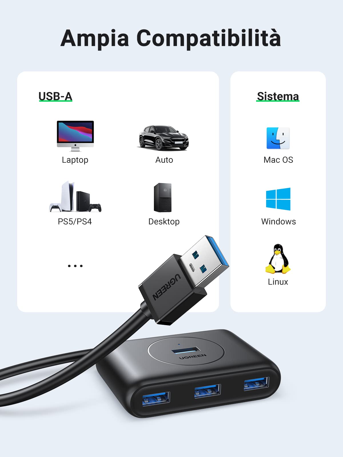 ugreen-hub-usb-3-0-4-porte-5gbps-con-cavo-100cm-led-nero image 7