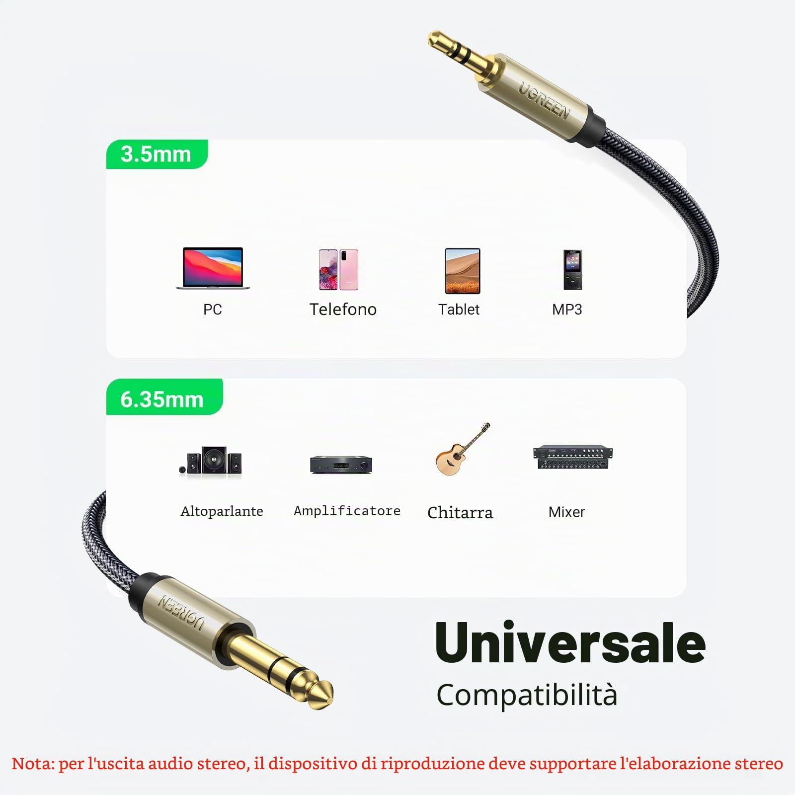 ugreen-cavo-jack-audio-3-5mm-a-6-35mm-2m-nylon-stereo-hi-fi image 2