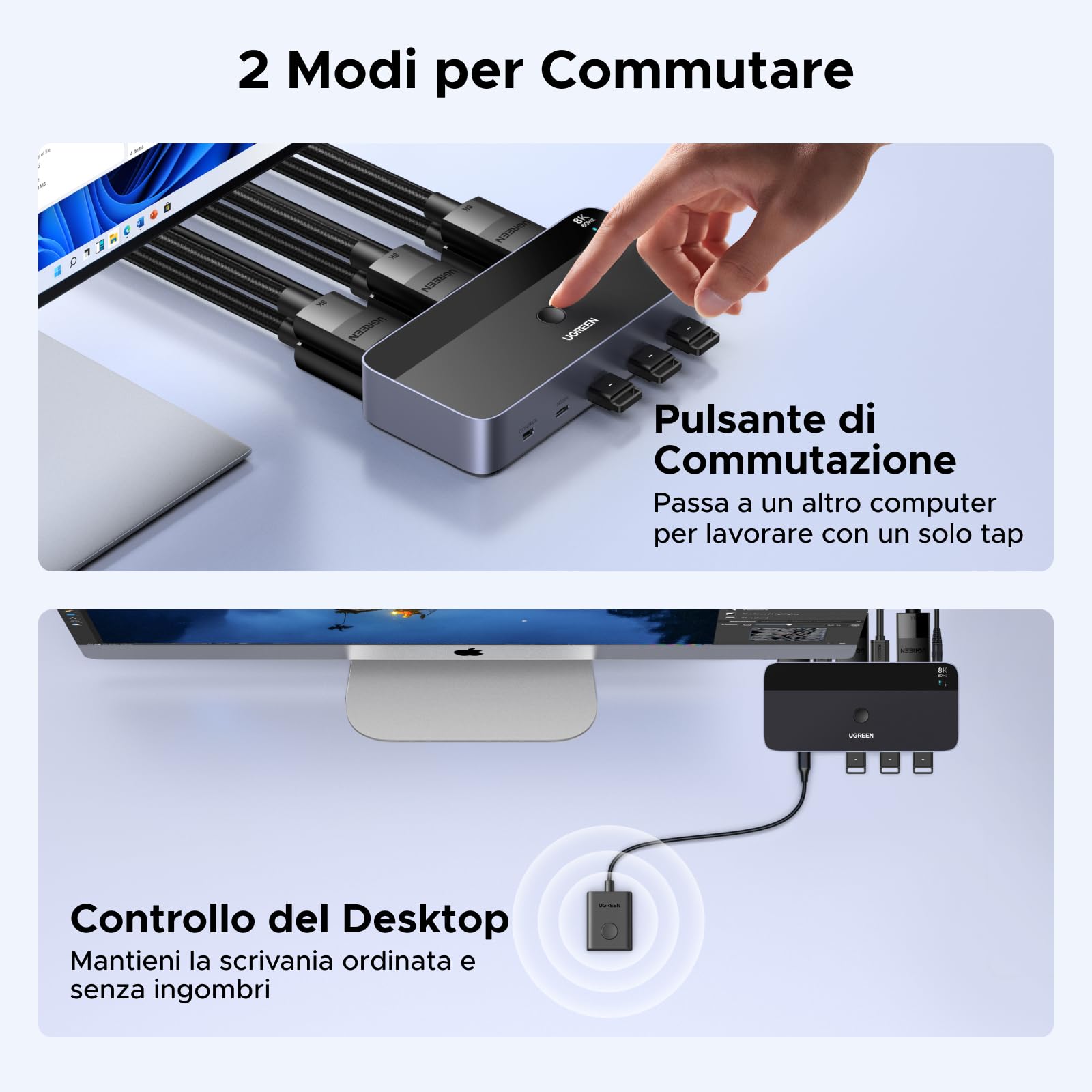 ugreen-switch-kvm-displayport-2x2-8k-60hz-con-4-porte-usb-3-0-3a-1c-5gbps-e-cavi image 7