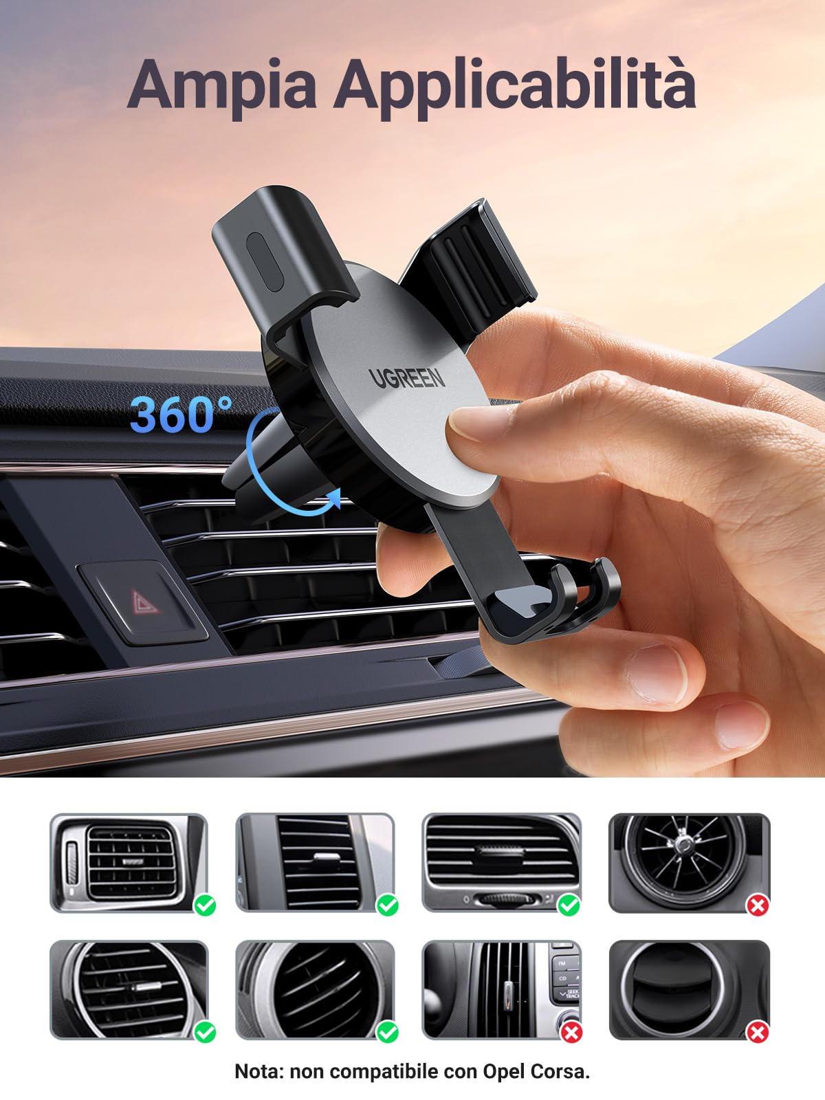 ugreen-supporto-telefono-auto-a-gravit-in-alluminio-per-bocchette-d-aria-grigio image 3