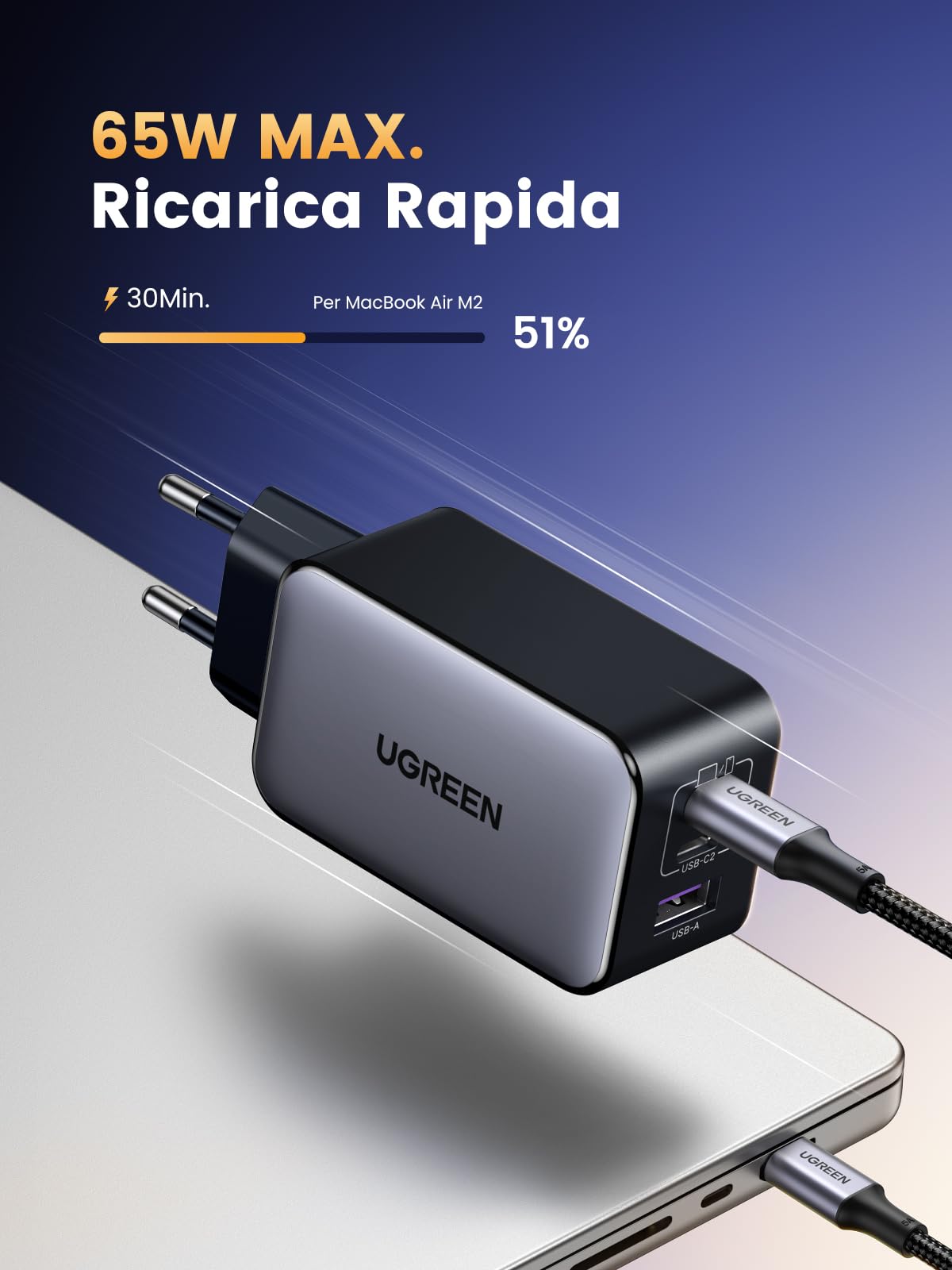 ugreen-nexode-65w-caricatore-usb-c-gan-3-porte-pd-nero image 2