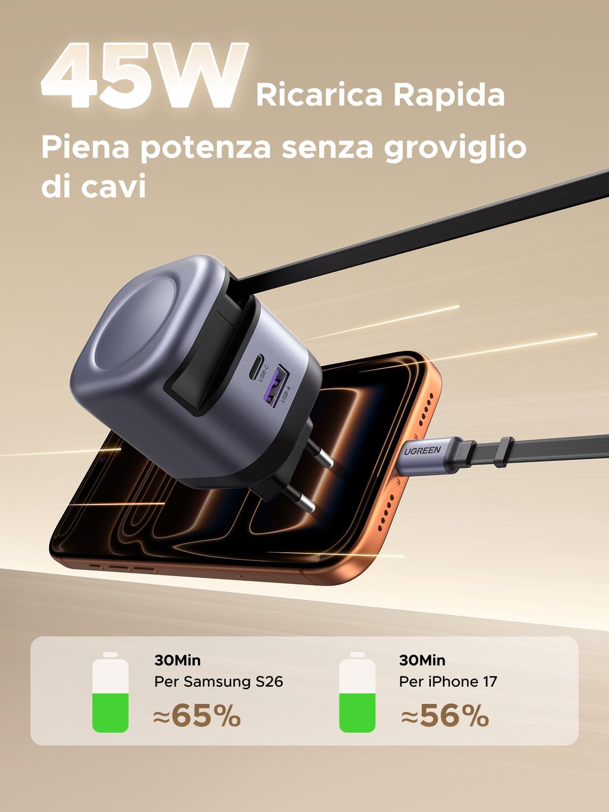 ugreen-nexode-45w-caricatore-usb-c-gan-3-in-1-con-cavo-retrattile-pd-3-0-pps-25w image 2