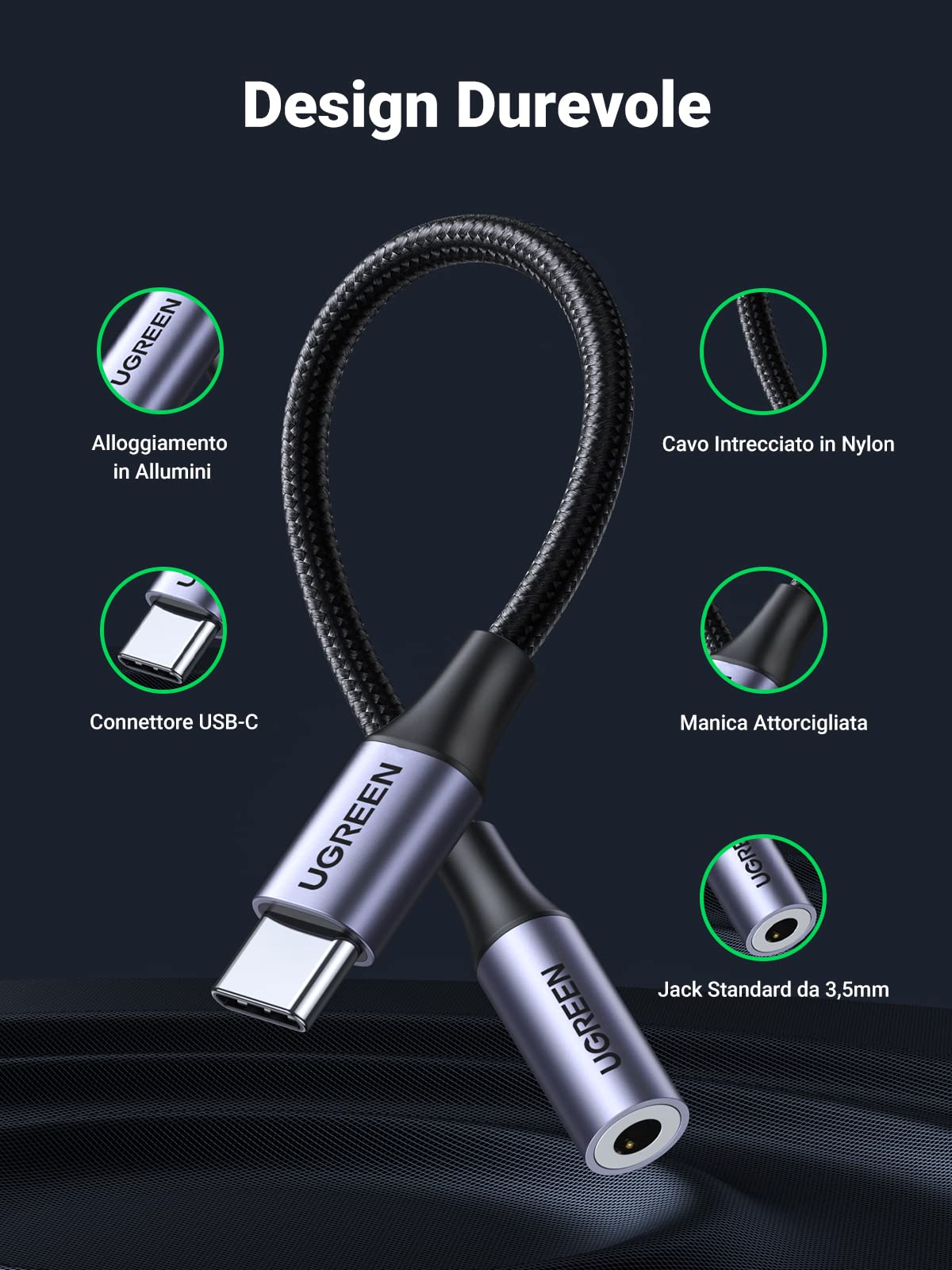 ugreen-adattatore-usb-c-a-jack-audio-3-5mm-in-nylon-grigio image 4