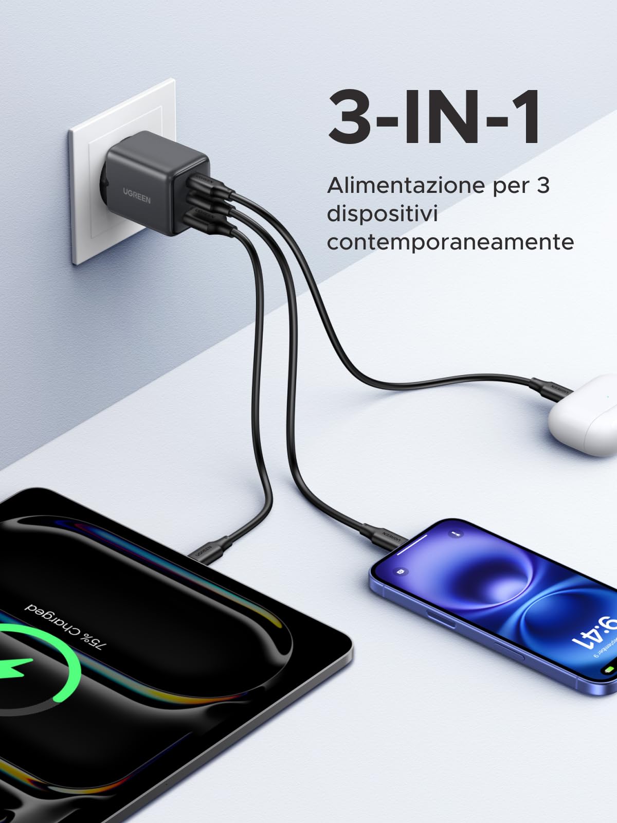 ugreen-zapix-caricatore-usb-c-30w-gan-a-3-porte-pd-nero image 2