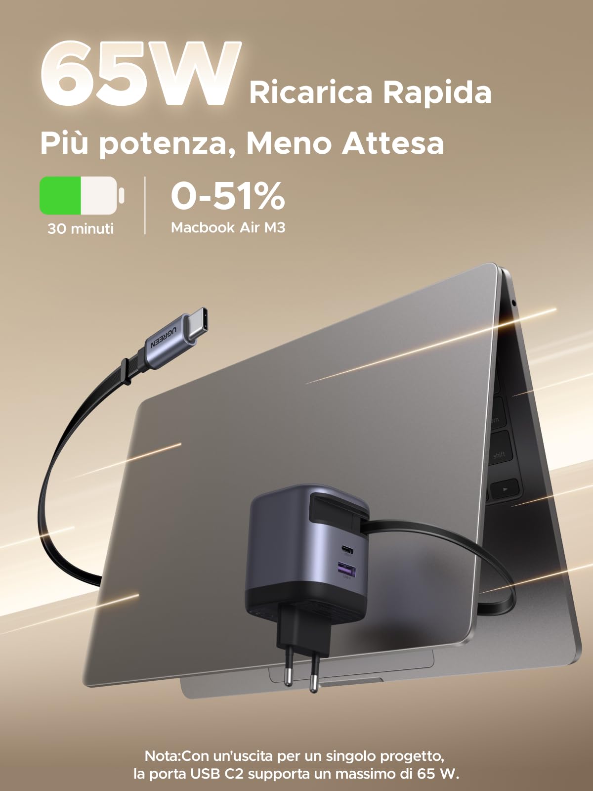 ugreen-nexode-65w-caricatore-retrattile-usb-c-gan-con-3-porte-pd-3-0-pps-25w image 3