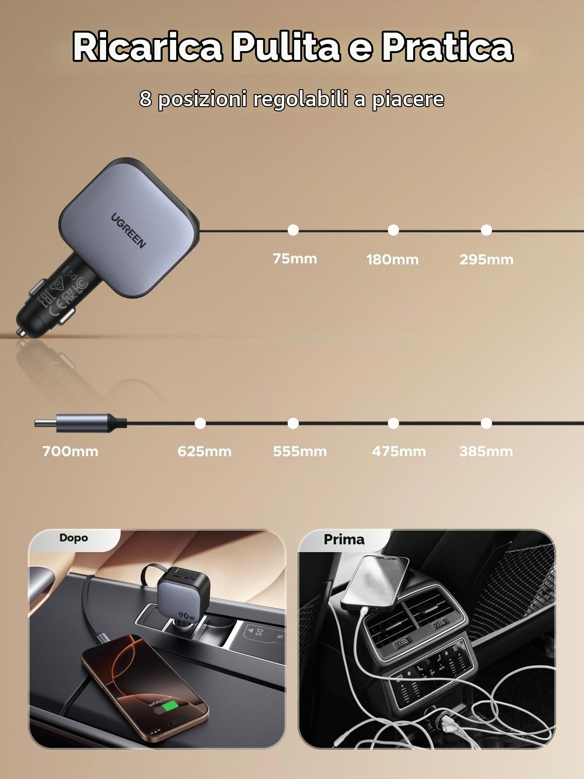 ugreen-nexode-90w-caricatore-auto-usb-c-retrattile-con-cavo-75-cm-3-porte image 8