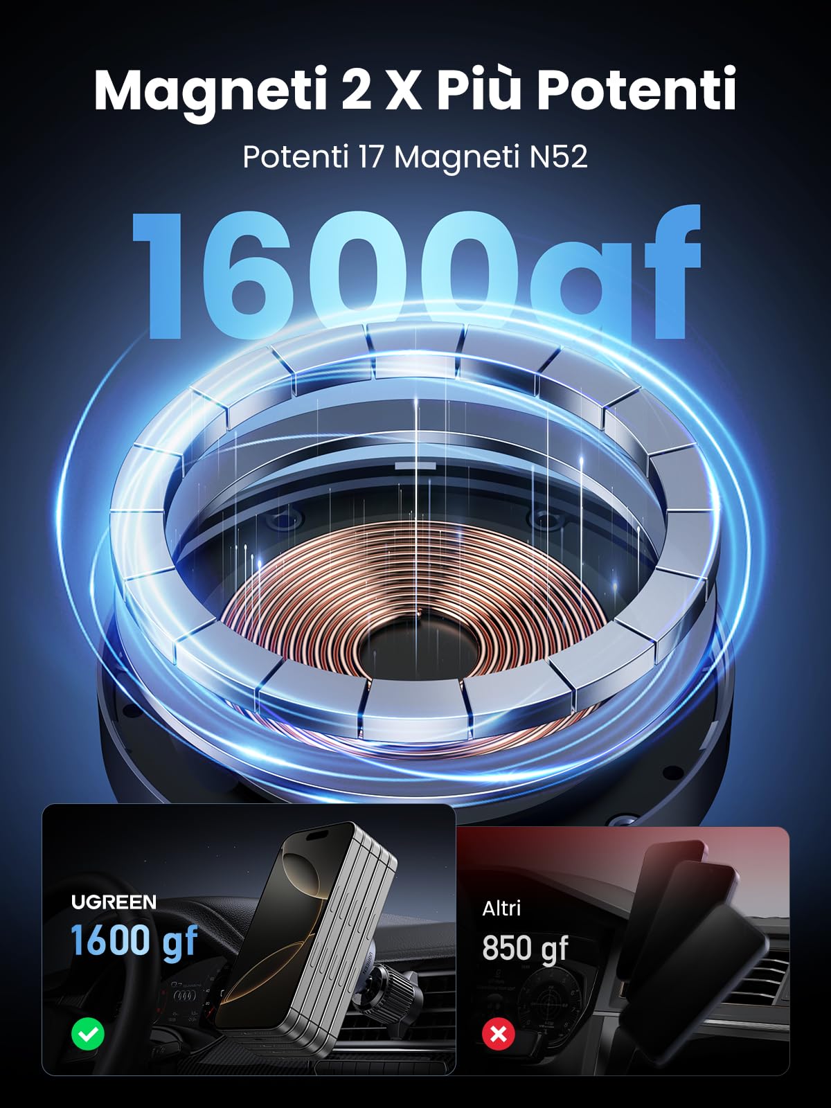 ugreen-35029-supporto-auto-magnetico-con-caricabatterie-wireless-15w-2-in-1 image 4