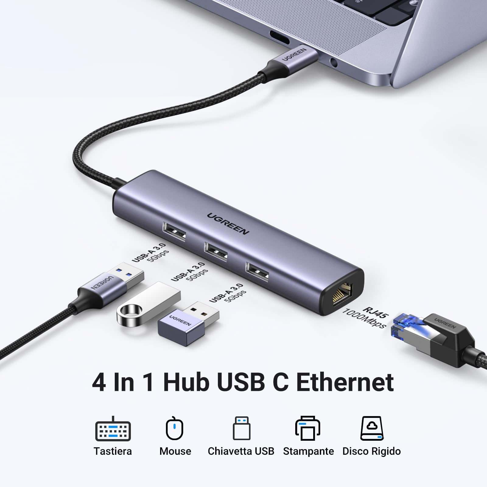 ugreen-hub-usb-c-ethernet-gigabit-4-in-1-con-3-porte-usb-a-usb-3-0-adattatore-la image 2