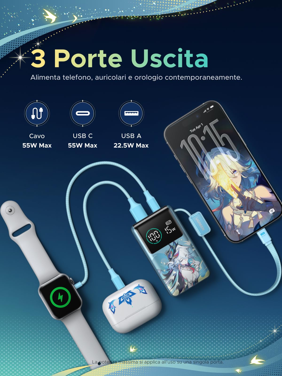 ugreen-nexode-pro-55w-power-bank-10000mah-con-cavo-usb-c-integrato-blu-pavone image 6
