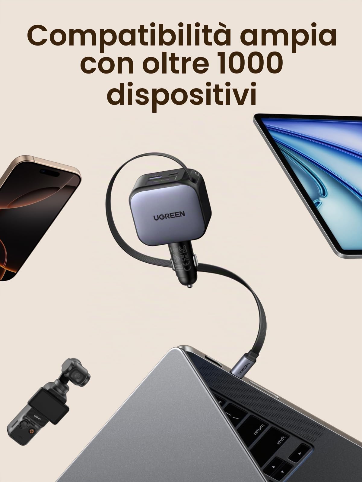 ugreen-nexode-90w-caricatore-auto-usb-c-retrattile-con-cavo-75-cm-3-porte image 7