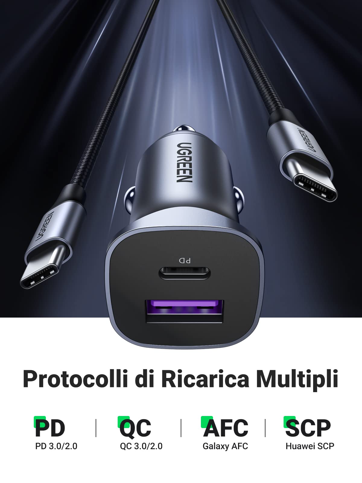 ugreen-caricatore-auto-usb-30w-2-porte-qc-3-0-con-cavo-usb-a-a-usb-c-1m image 2