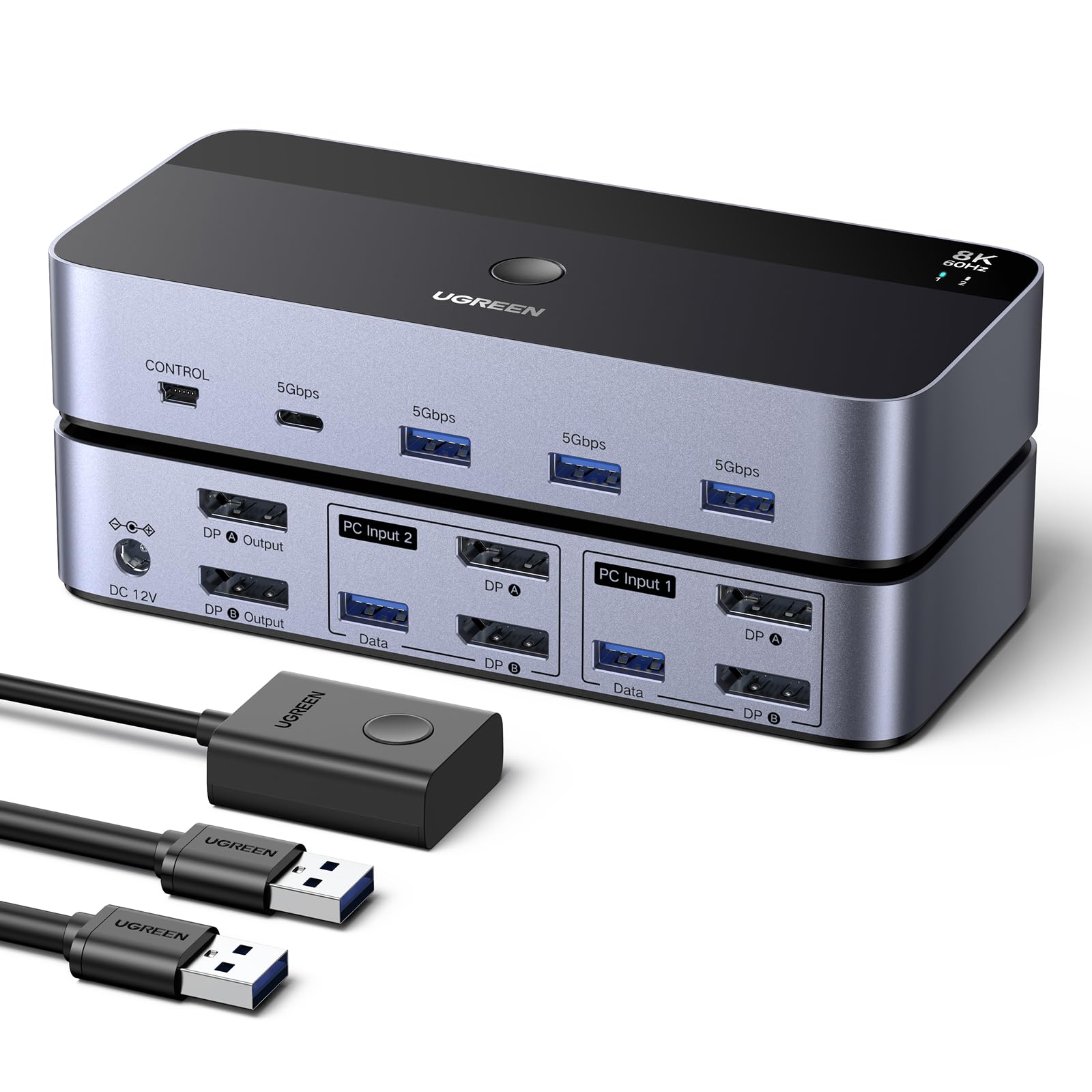 ugreen-switch-kvm-displayport-2x2-8k-60hz-con-4-porte-usb-3-0-3a-1c-5gbps-e-cavi image 1