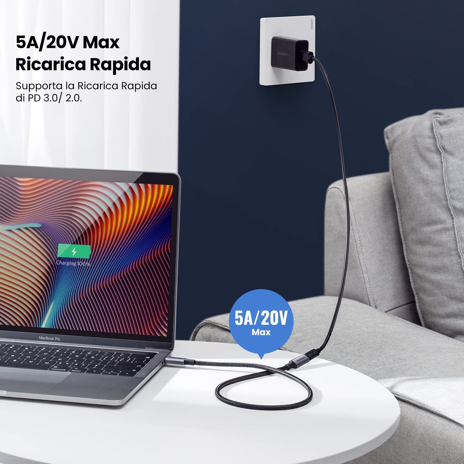 ugreen-nexode-cavo-prolunga-usb-c-a-usb-c-4k-60hz-10gbps-100w-0-5m-grigio image 3