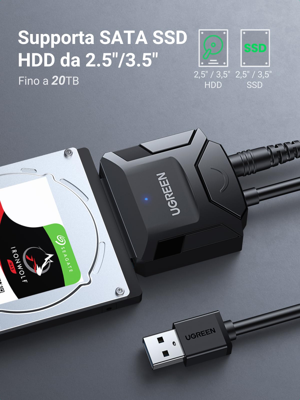 ugreen-adattatore-sata-usb-3-0-5gbps-per-ssd-hdd-2-5-3-5-fino-a-20tb-con-aliment image 2