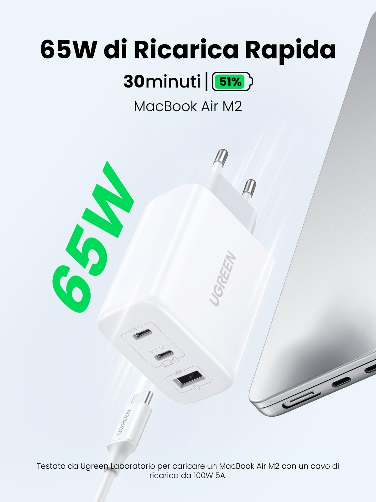 ugreen-zapix-caricatore-usb-c-gan-65w-3-porte-bianco image 2