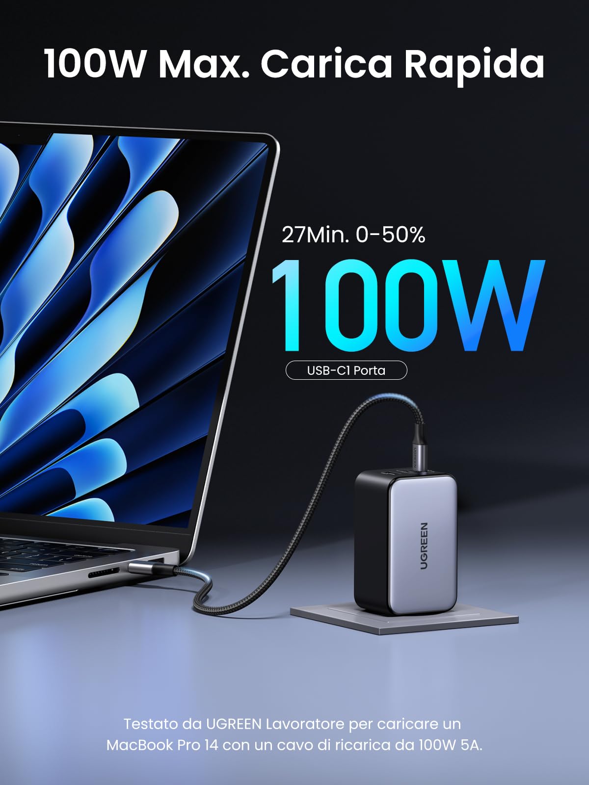 ugreen-nexode-caricatore-usb-c-gan-100w-a-3-porte-2-usb-c-usb-a-compatto image 2