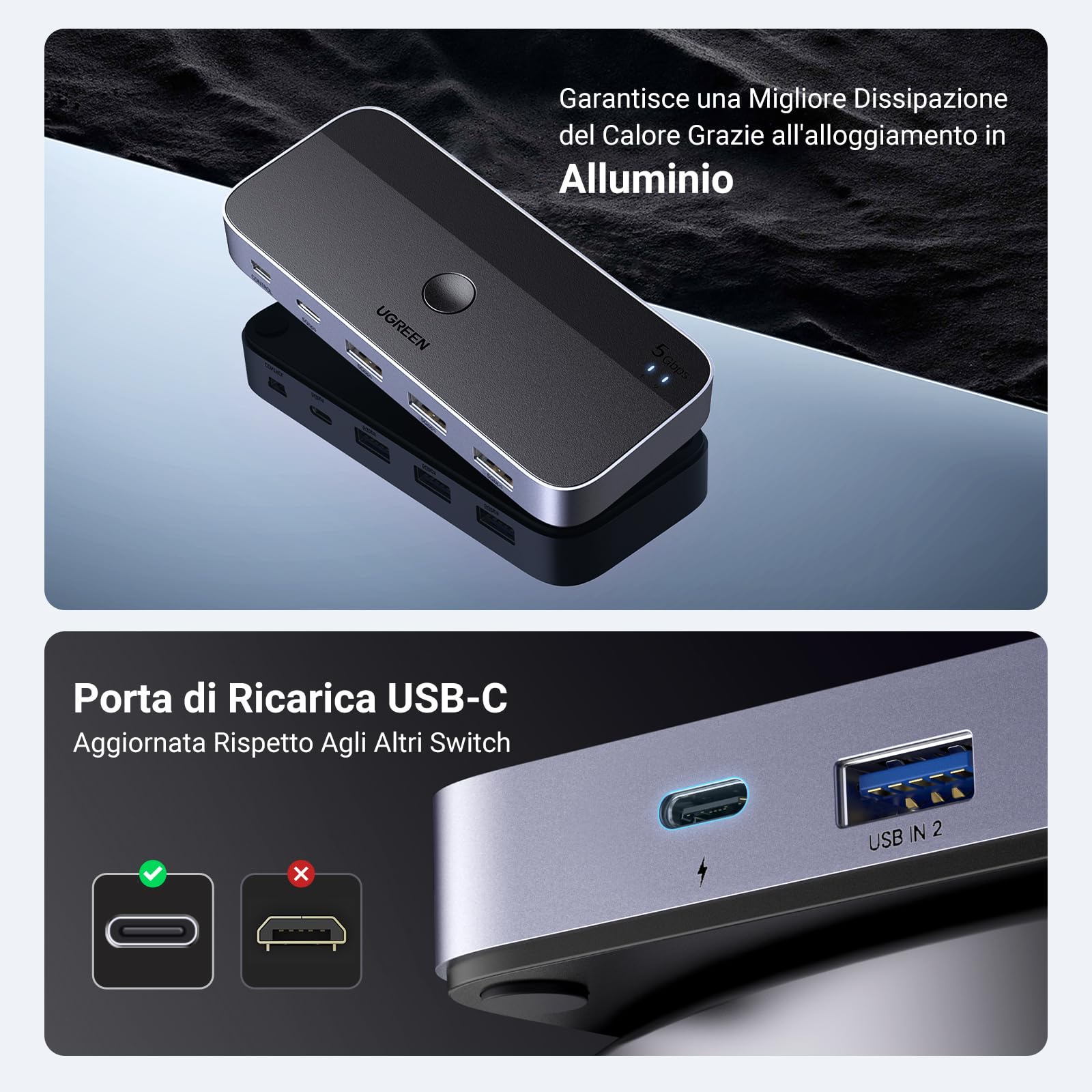 ugreen-switch-kvm-usb-3-0-2-in-4-out-5-gbps-con-controllo-da-tavolo image 6