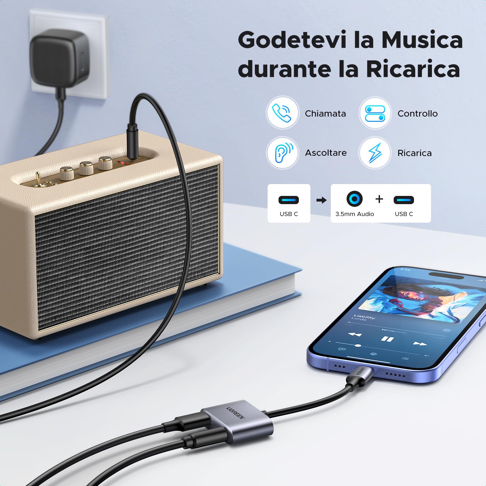 ugreen-adattatore-usb-c-a-jack-3-5-mm-pd-60w-con-dac-hi-res-24-bit-96khz image 2