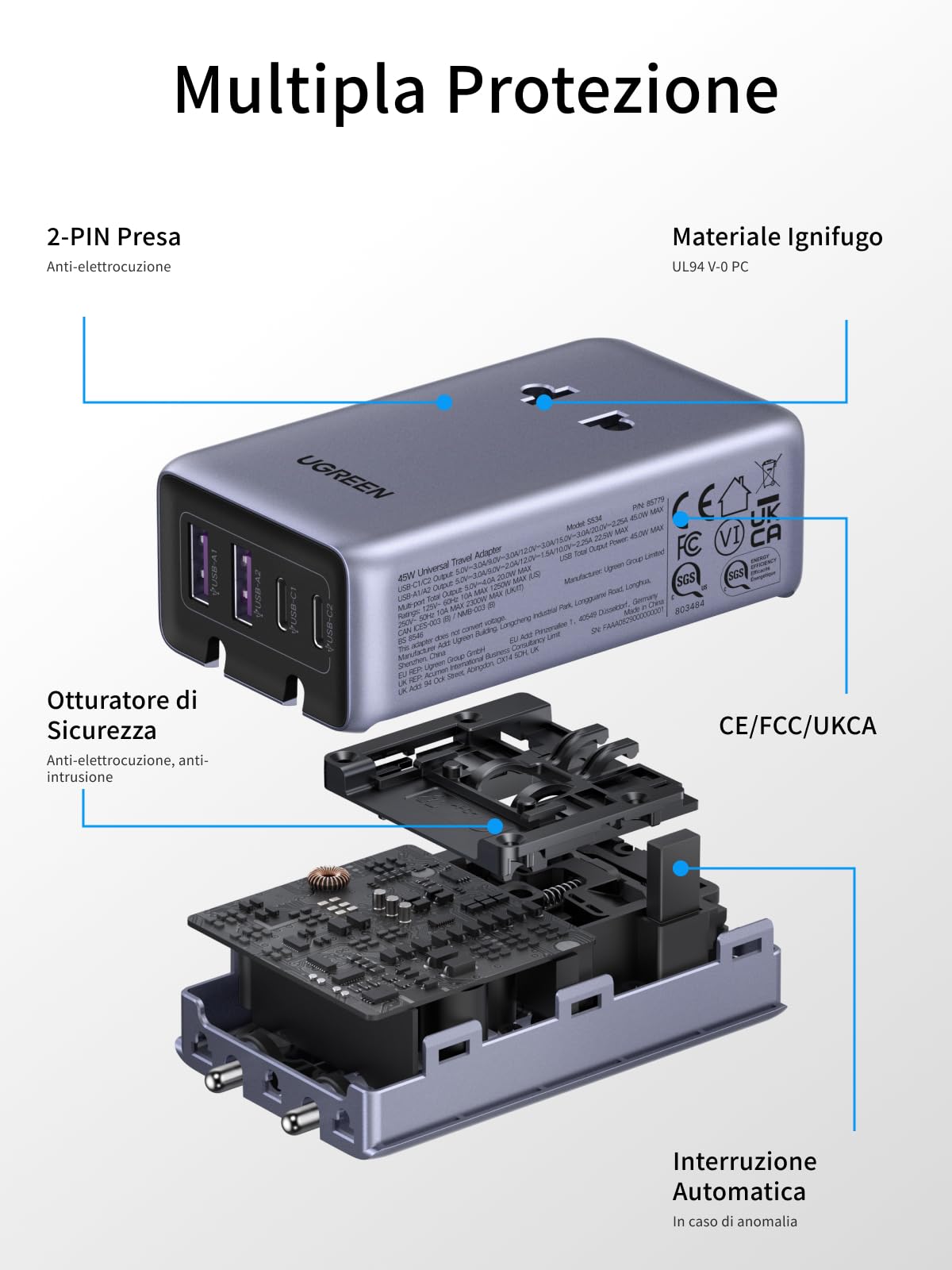 ugreen-6-in-1-adattatore-universale-da-viaggio-pd-45w-con-2-prese-ac-2-usb-c-2-u image 6