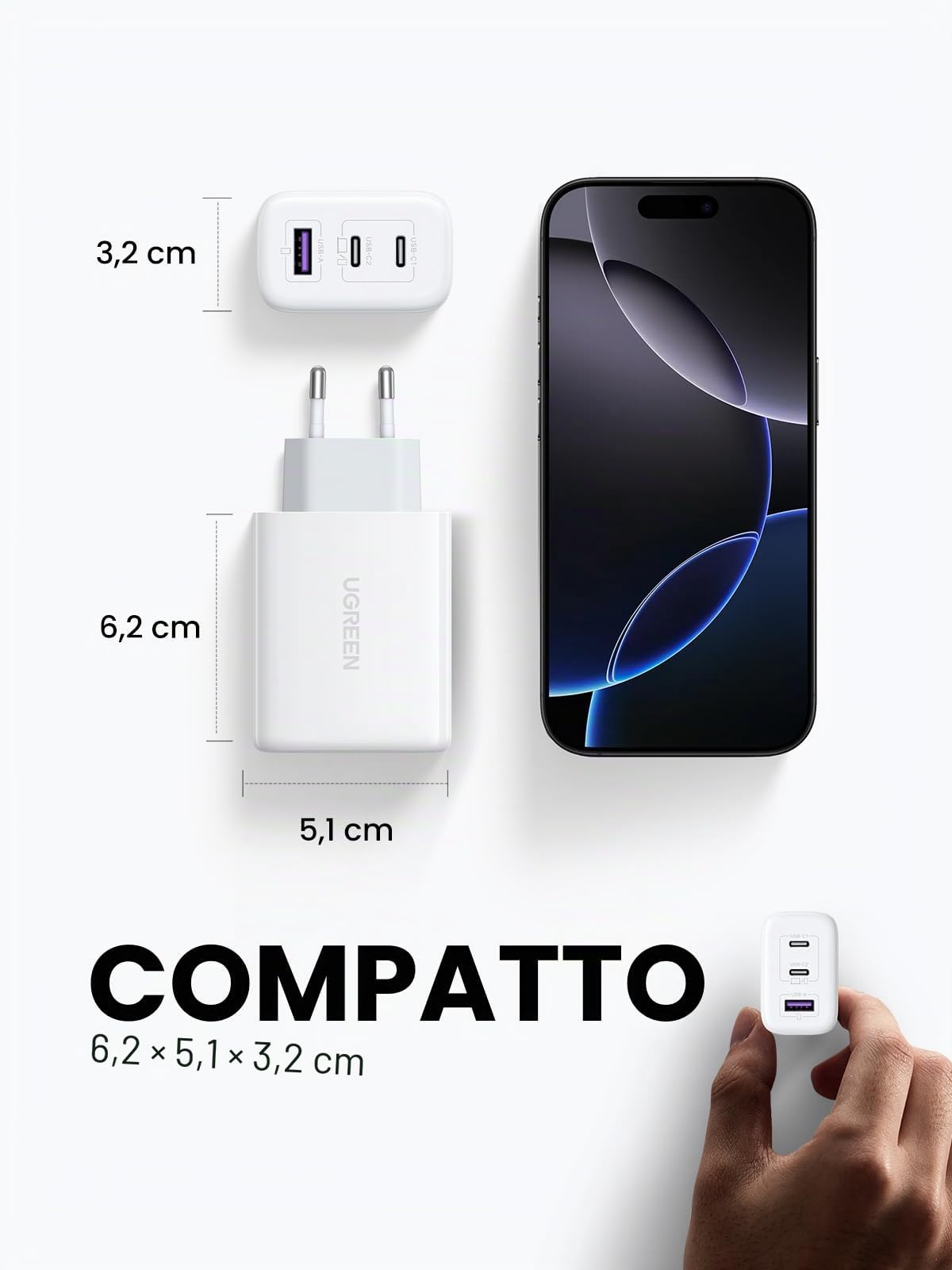ugreen-zapix-caricatore-usb-c-gan-65w-3-porte-bianco image 4