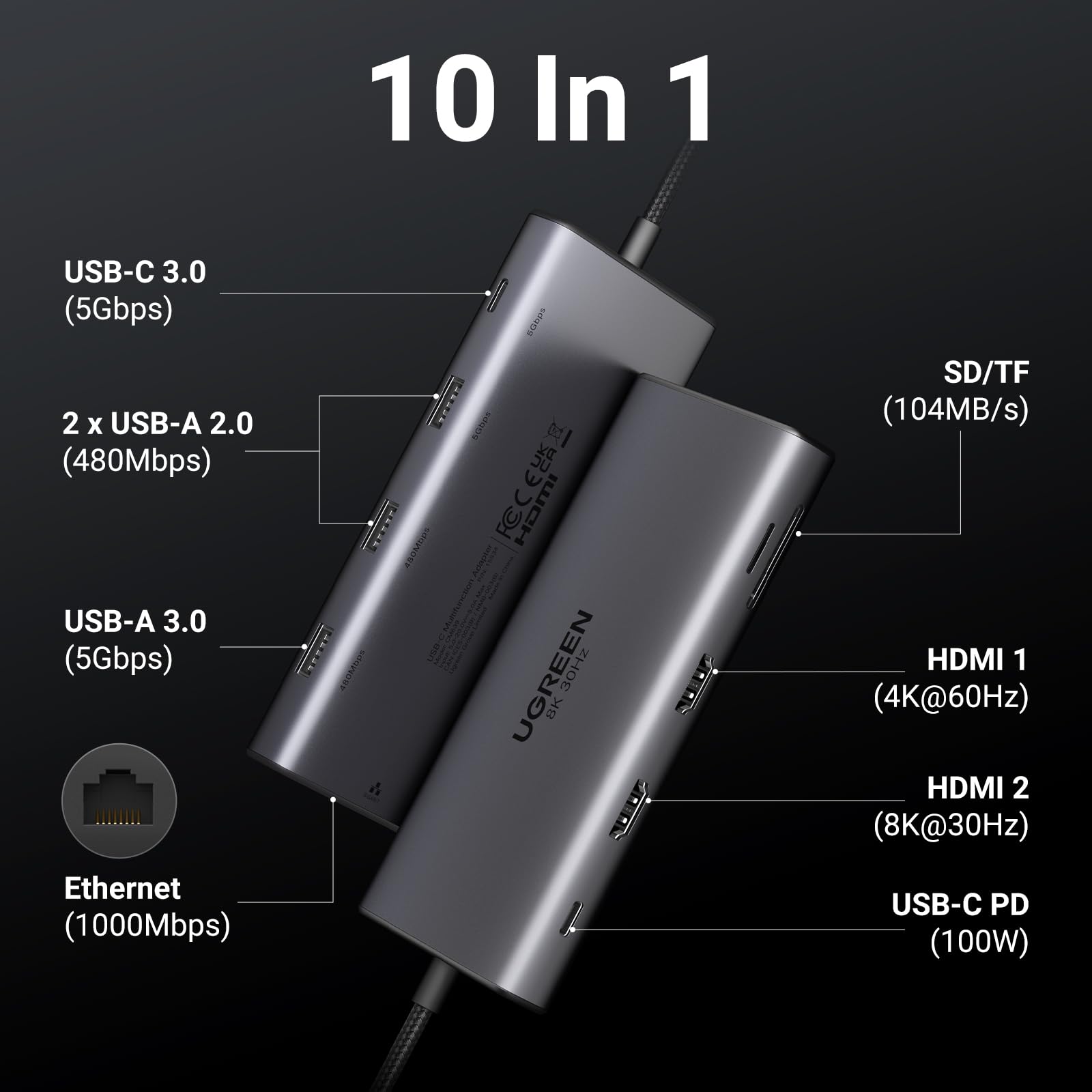 ugreen-revodok-pro-210-hub-usb-c-10-in-1-doppio-hdmi-4k60hz-8k30hz image 2
