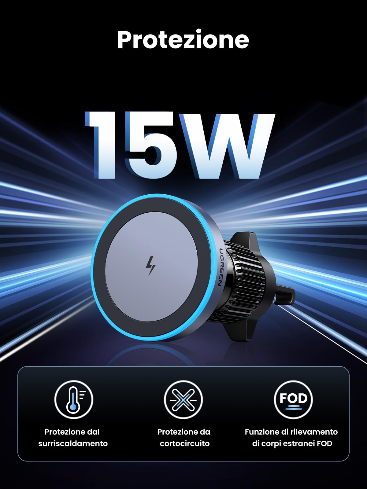 ugreen-35029-supporto-auto-magnetico-con-caricabatterie-wireless-15w-2-in-1 image 2
