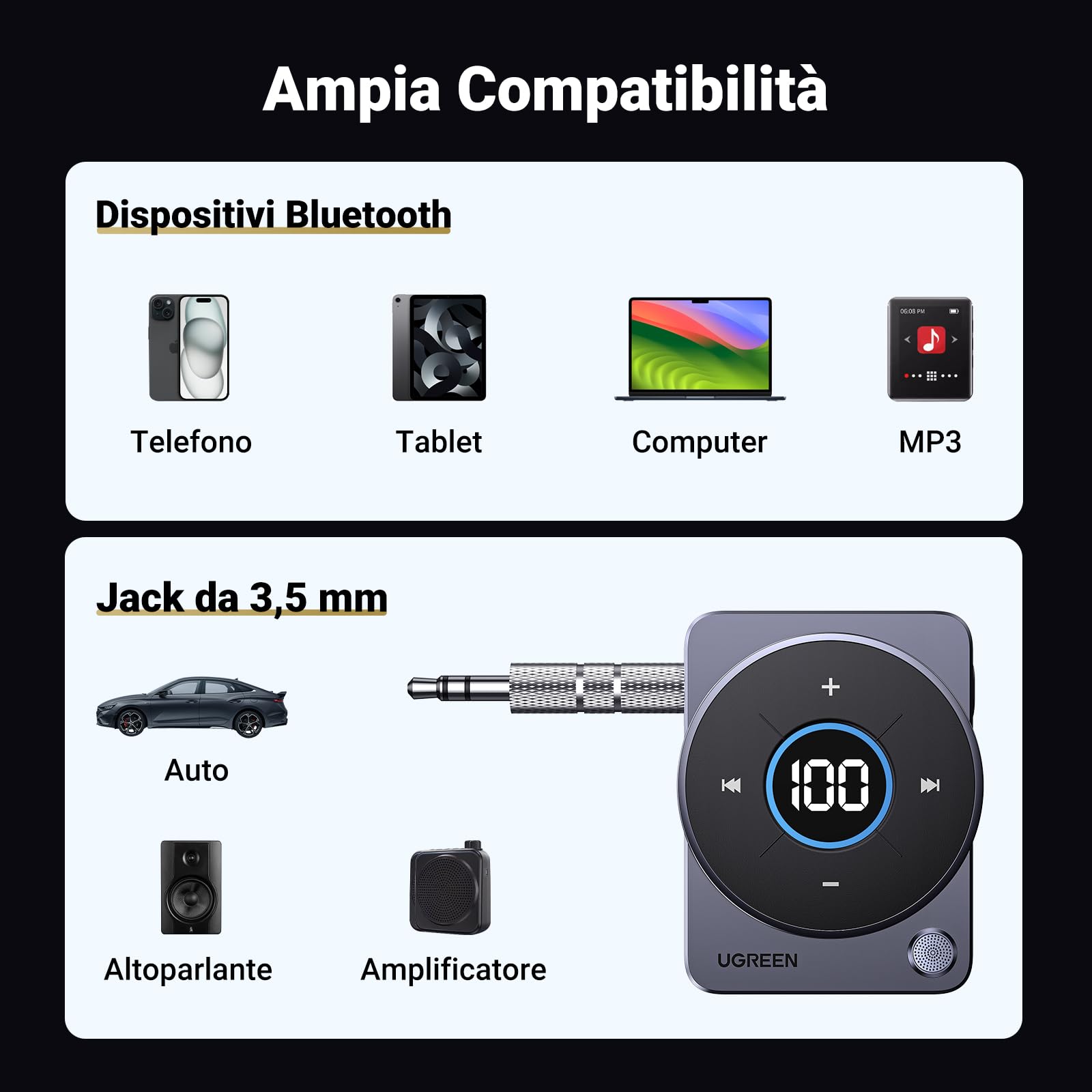 ugreen-ricevitore-bluetooth-5-4-jack-3-5mm-aux-per-auto-con-rgb-e-vivavoce-20-or image 5