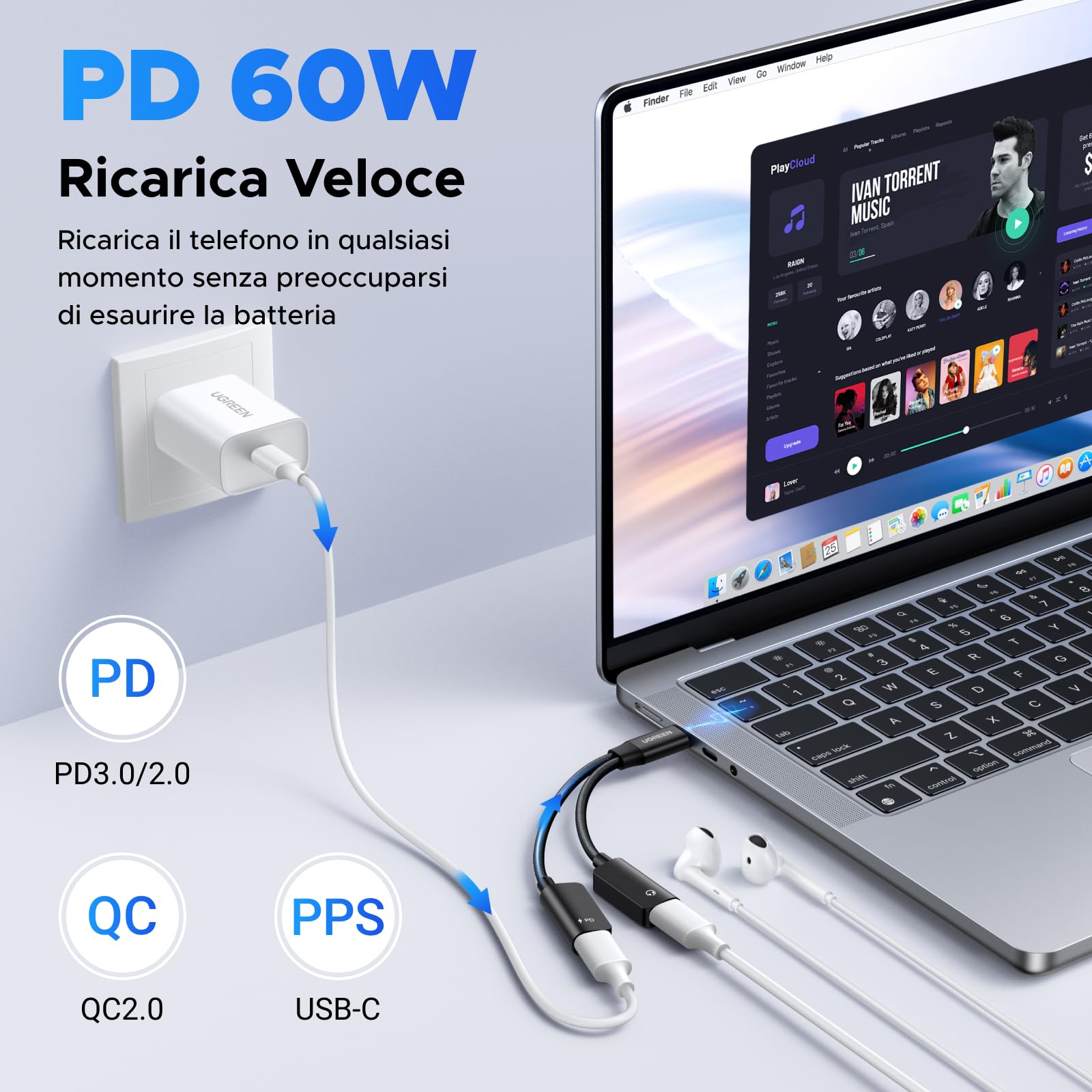 ugreen-adattatore-usb-c-a-usb-c-2-in-1-pd-60w-audio-hi-res-96khz-24bit-magnetico image 3