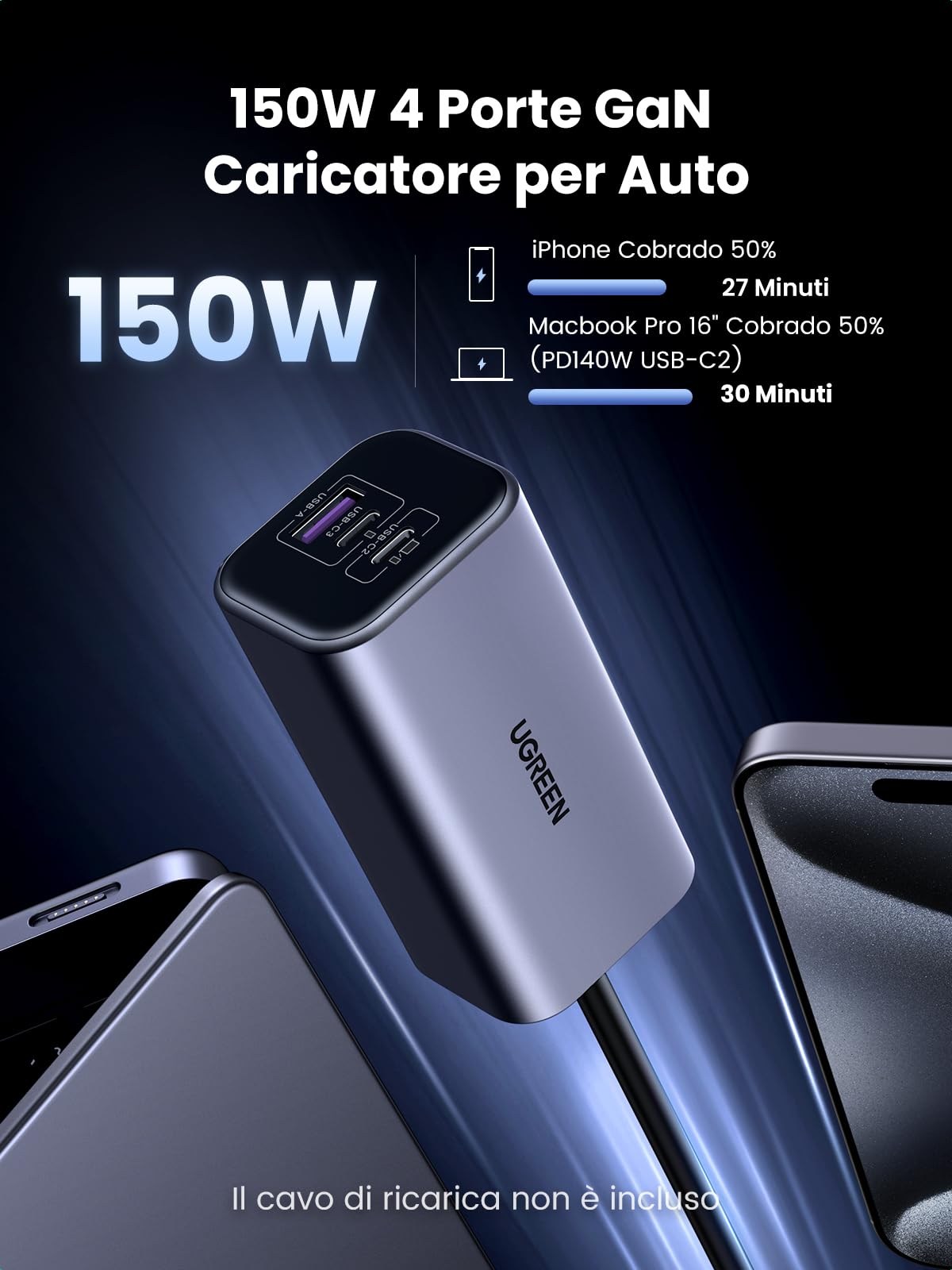ugreen-150w-caricatore-auto-usb-c-gan-4-porte-pd-3-1-con-cavo-1m image 2