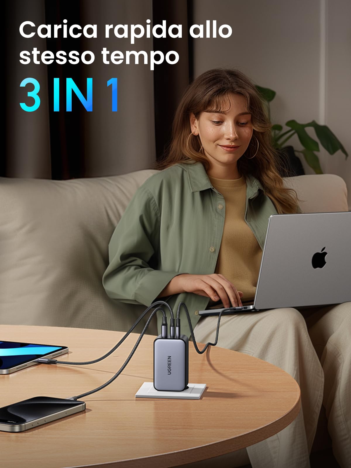 ugreen-nexode-caricatore-usb-c-gan-100w-a-3-porte-2-usb-c-usb-a-compatto image 3